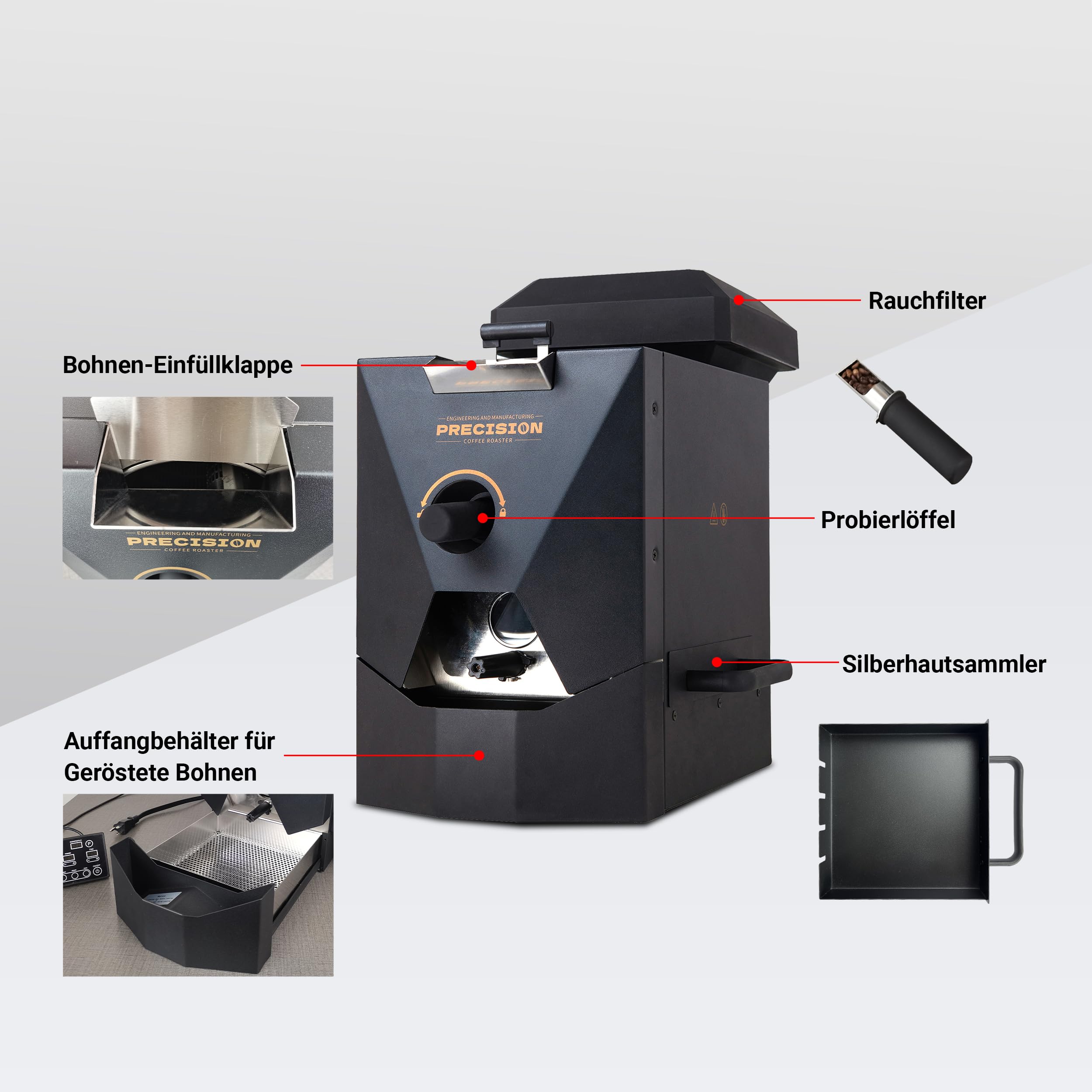 500g Elektrische Kaffeeröstmaschine – Ideal für den Heimgebrauch. Ausgestattet mit intelligenter Automatik, 9 voreingestellten Röstprofilen, manuellem Modus, Spreuabsaugsystem und Kühlfunktion