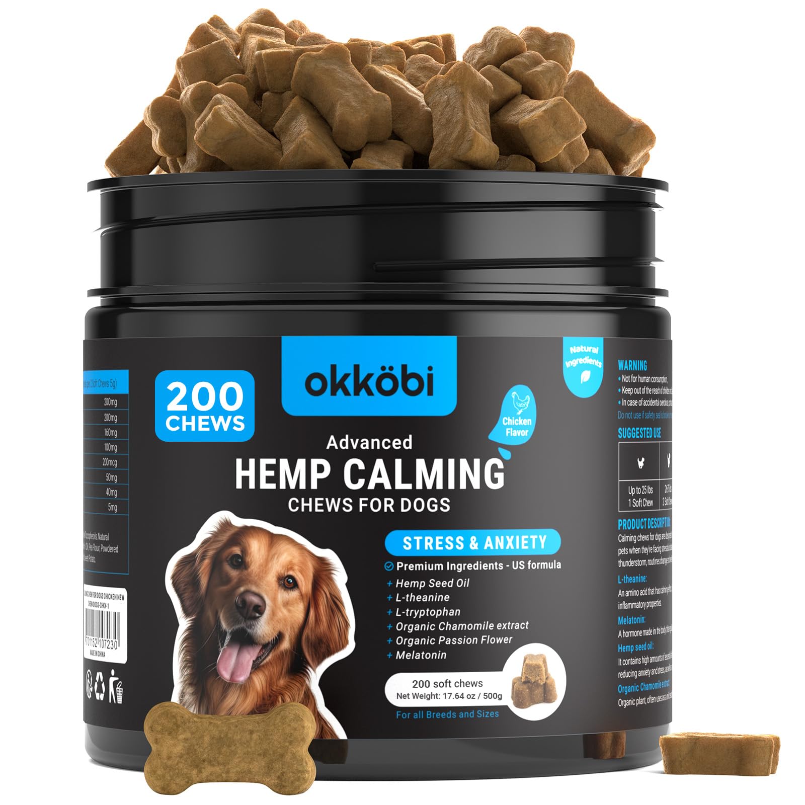 Hemp Calming Chews for Dogs Anxiety 200 pcs - Chicken Flavored - Dog Anxiety Relief - Dog Calming Chews - Melatonin for Dogs - for Stress, Travel,