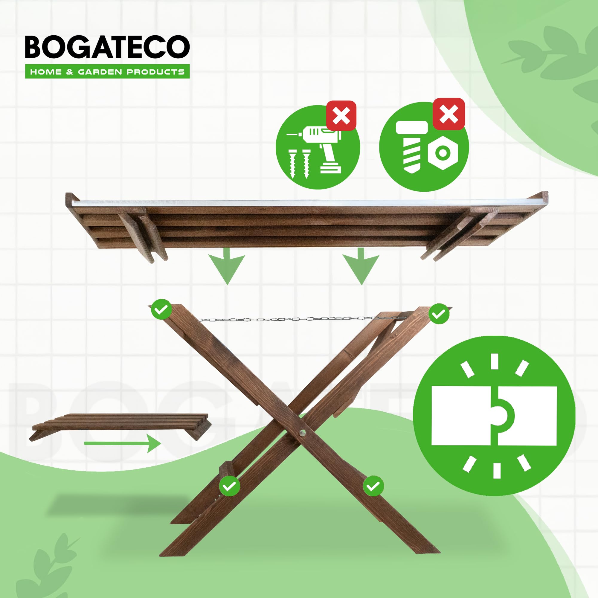 BOGATECO Pflanztisch 118 x 84 x 38cm mit Arbeitsplatte aus Metall | Klapptisch imprägnierter Blumentisch Outdoor Gärtnertisch mit Regal Gartenarbeitstisch Wetterfest