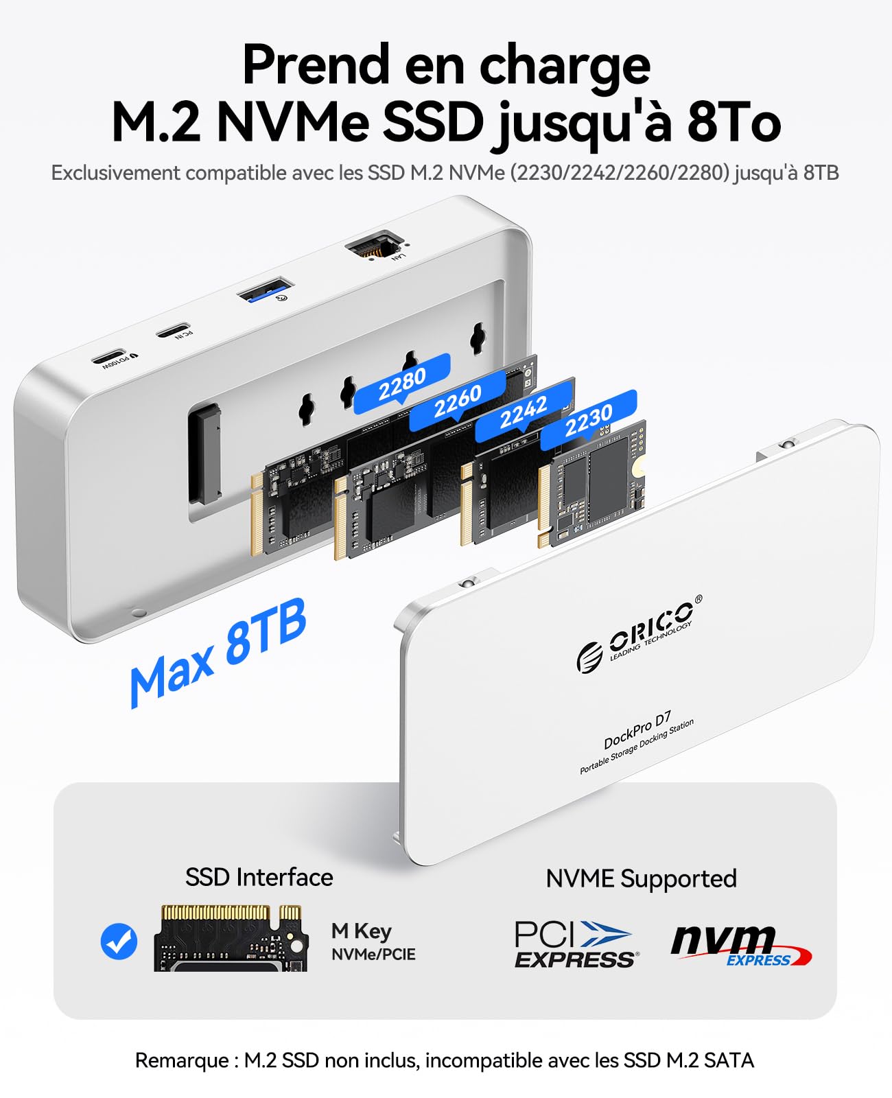 ORICO Hub USB C 7 en 1 avec boîtier SSD M.2 NVMe de 8 to, Station d'accueil avec Ports USB-C et USB-A 10 Gbit/s, 2 Ports USB-A 5 Gbit/s, 3.0 SD/TF, 100 W PD, Gigabit Ethernet, Station d'accueil