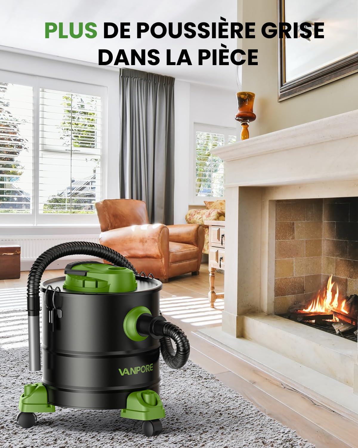 Aspirateur à Cendres 5,2 Gallons 1200 W avec Base à Roulettes pour Poêles à Granulés, Cheminées, Barbecues, Poêles à Bois
