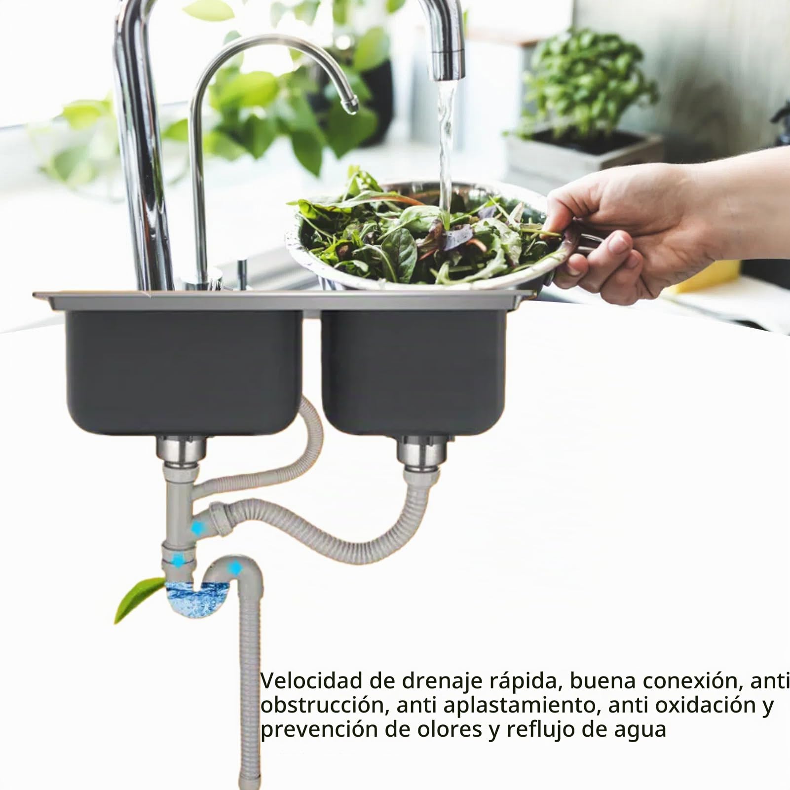 Manguera de Desagüe, Fregadero Doble Trampa de Residuos Tubo de Drenaje de Fregadero de Cocina Flexible Universal con Acero Inoxidable S Doblado para Baño Moderno