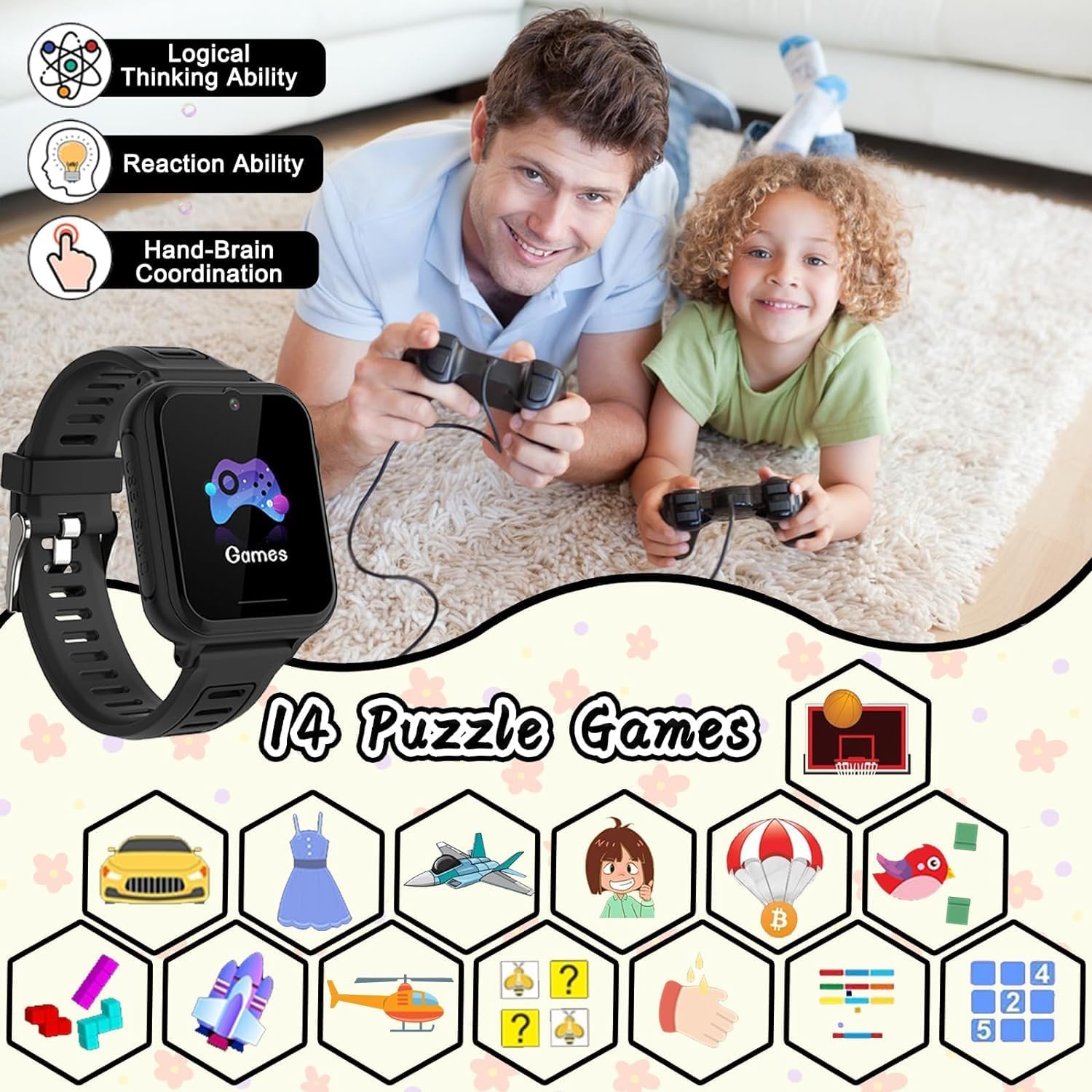 Montre Connectée Enfant Garçons Filles, Montre Intelligente Enfant avec SOS Appeler,14 Jeux HD Caméra & Lecteur Vidéo Musique Torche, Cadeaux pour Enfants 3-12ans (Noir)