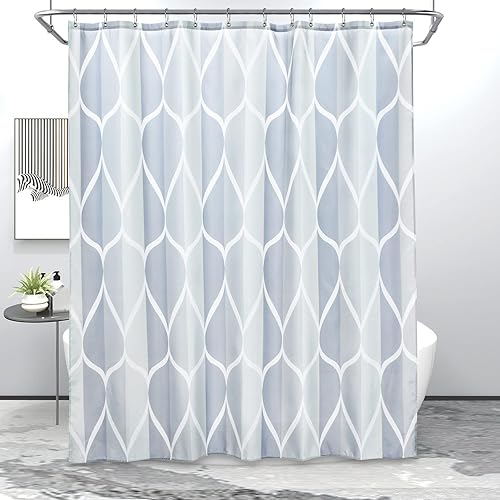 Miniatura 8 de Cortina de regadera hecha de tela, de color azul oscuro, impermeable, de poliéster, diseño geométrico, de secado rápido, dobladillo pesado, juego de