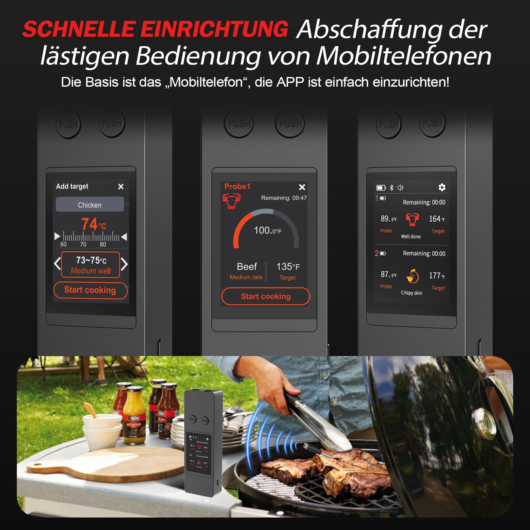 Fleischthermometer Kabellos Bratenthermometer Grillthermometer mit 2 ultradünnen Fühlern, großem Touchscreen, IP67 wasserdichtes Smarte Küchenthermometer für Grill, BBQ, Smoker