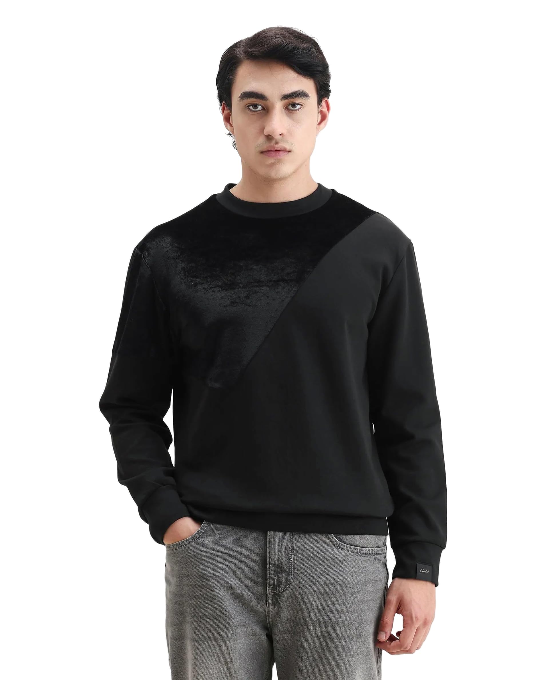rare rabbit Men Roe Regular Solid Velvet Crew Neck Long Sleeve Sweatshirt-picture-24