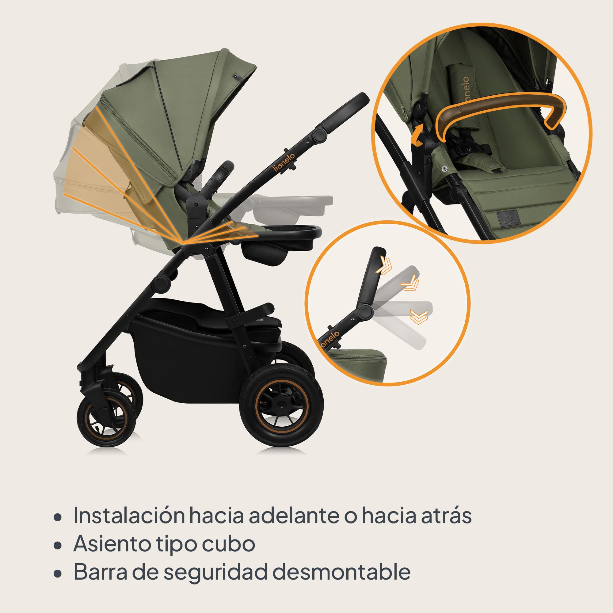LIONELO AMBER PLUS 3 en 1 Carrito de bebe Multifuncional de 0 a 4 años hasta 22 kg con Capazo XL, Silla de coche hasta 13 kg, Respaldo Ajustable, Ruedas Grandes Todoterreno 360o Capota XXL