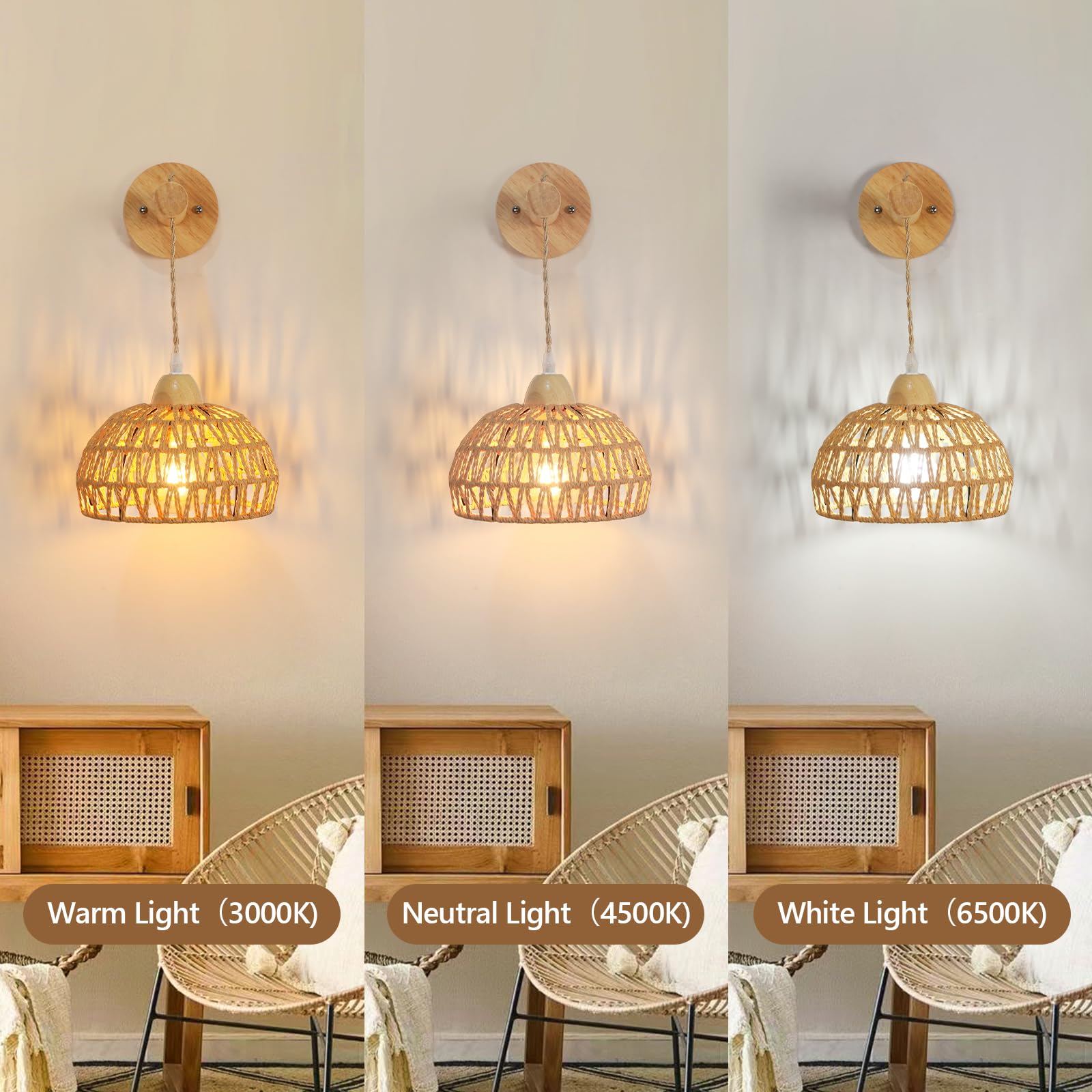 Applique Murale Bois Intérieur Vintage, E27 Lampes Murale Boho avec Abat-jour en Rotin, Bois Cage Applique Rotin Luminaire Murale E27 pour Salon Chambre Couloir Salle à Manger (Sans Ampoule)