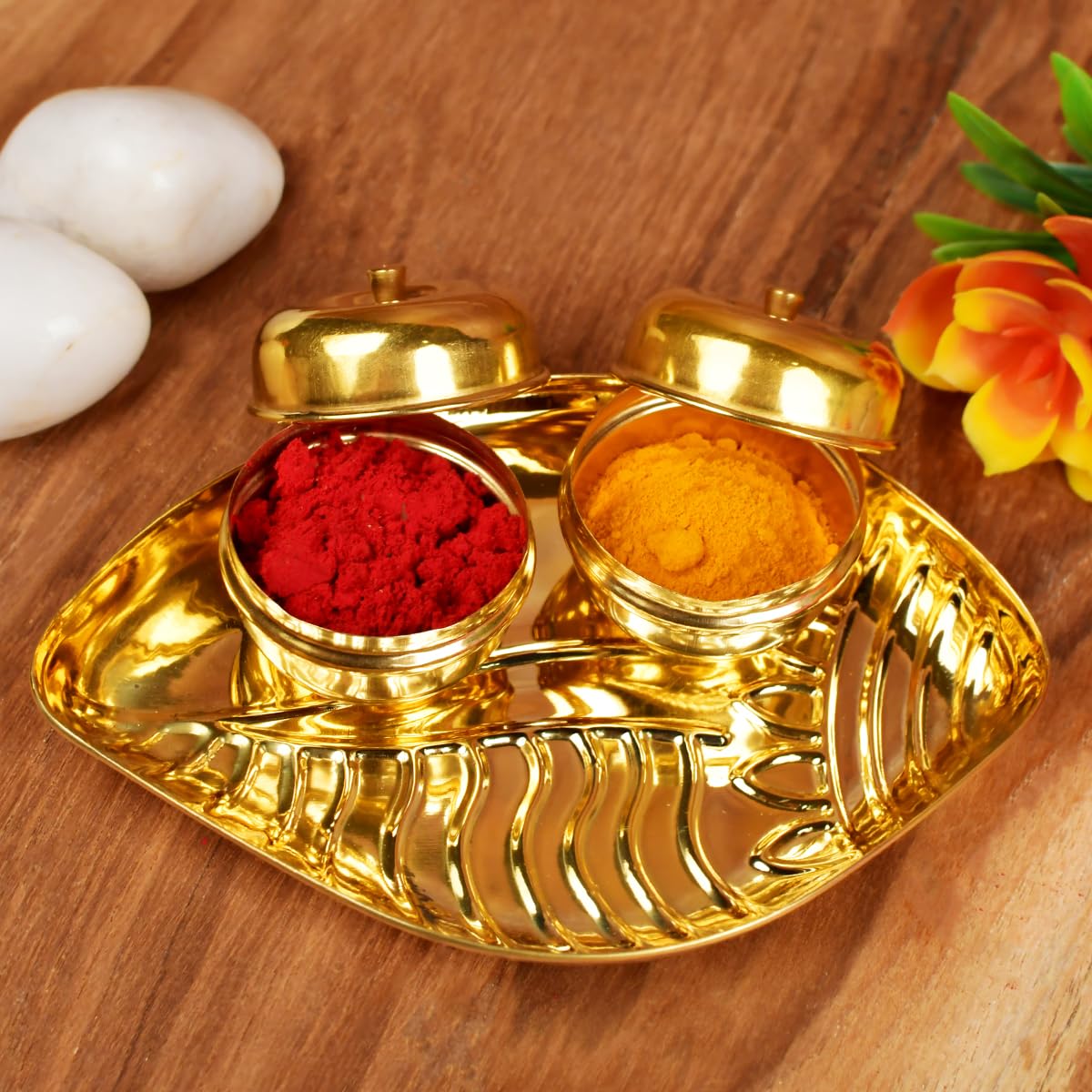 RUDRA CENTRE Brass Shankh Plate with Haldi Kumkum Containers (Dibbi), Gold - Image 2