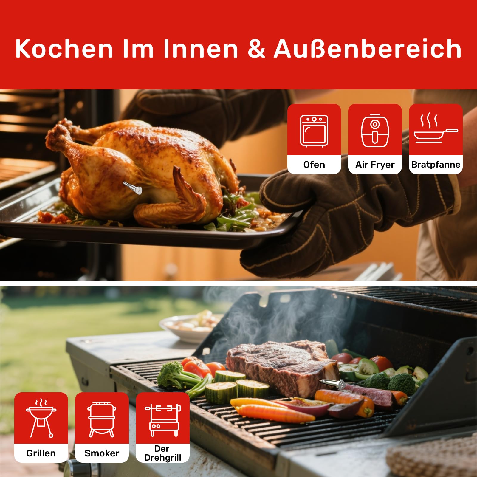 X Pro Fleischthermometer kabellos mit Bluetooth & WLAN, 2 Sonden 6 Sensoren, Einteiliges Edelstahldesign, IP69 Wasserdicht, 582°C Hitzebeständigkeit, Grill Ofen Küche Heißluftfritteuse
