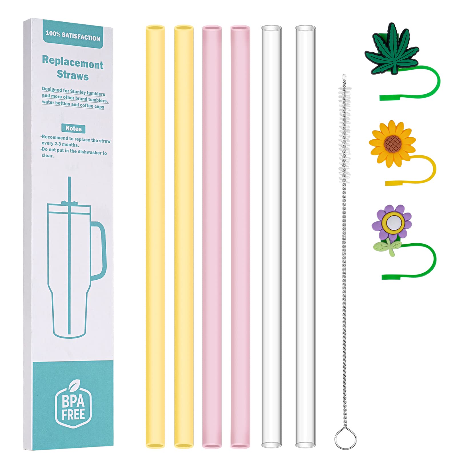 Silicone Straw 6 pcs Drinking Straws Compatible with Stanley Quencher Adventure 20 30 40 oz with 1 Cleaning Brush, 3 Silicone Straw Tips Covers Cap for Stanley Cups Accessories