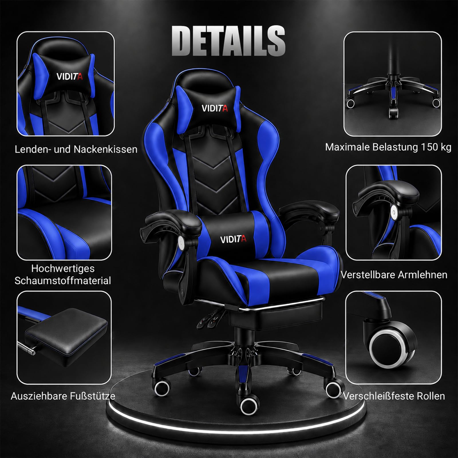 Ergonomischer Gaming Stuhl mit Fußstütze, verstellbarer Gaming Chair mit Lendenkissen, Kopfstütze & 135°Rückenlehne, drehbarer Bürostuhl für Büro, Homeoffice & Zocken mit Komfort,Schwarz & Blau, 150kg