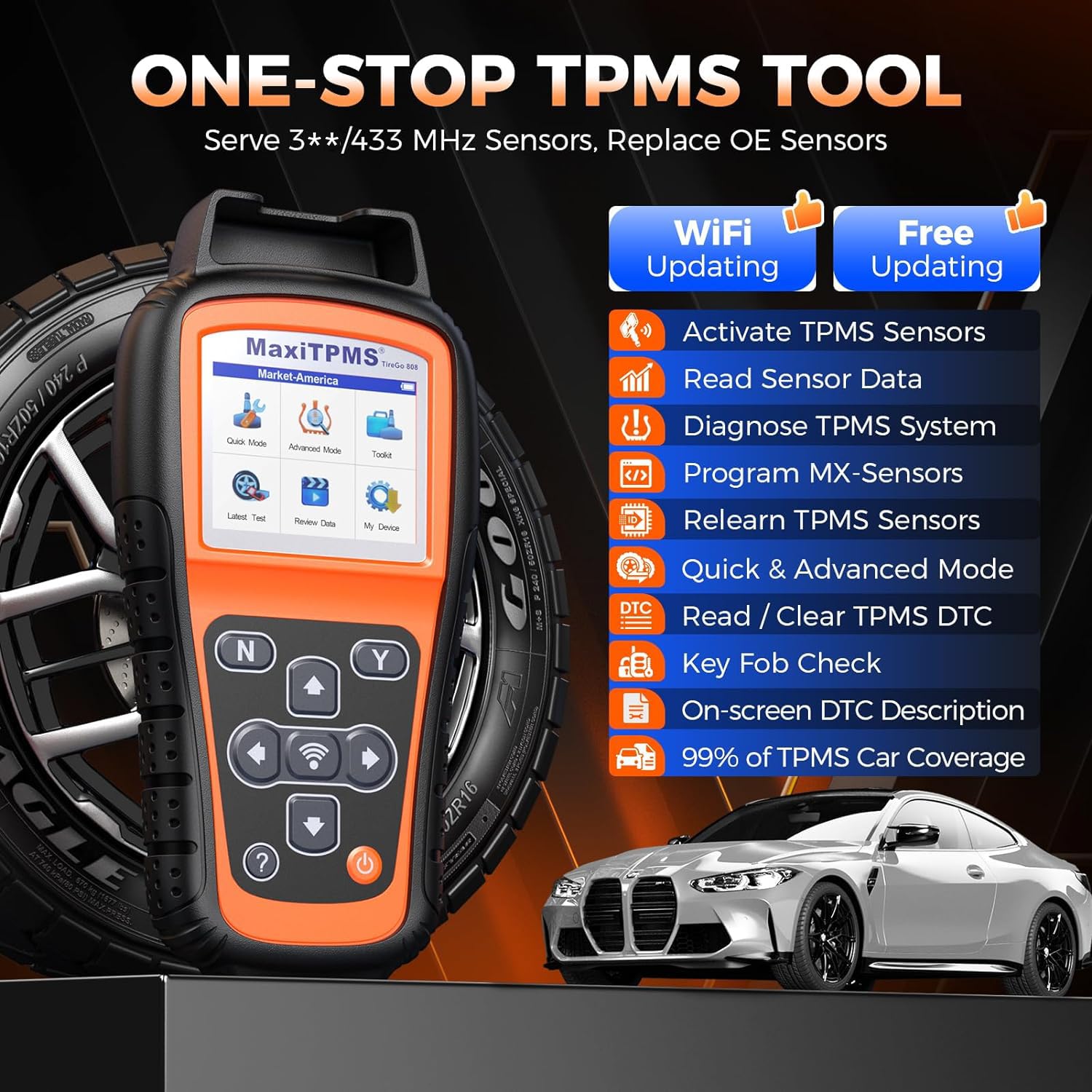 OTOFIX TireGO 808 TPMS-Tool, Neulernen, Aktivieren Aller TPMS-Sensoren, Nur MX-Sensoren Programmieren, TPMS-Diagnose und Zurücksetzen, kostenlose Aktualisierung mit einem klick
