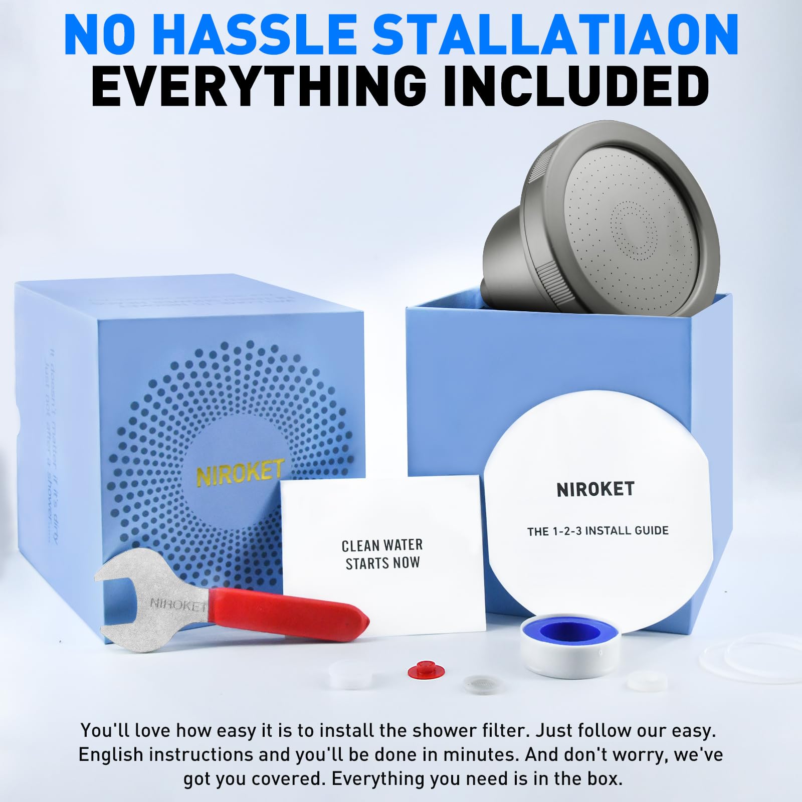 NIROKET Filtered Shower Head - High-Pressure Showerhead with Water Filter System | Ideal for Hair and Skincare | Shower Water Filter System | Improve Beauty and Personal Care Routine (Brushed grey)