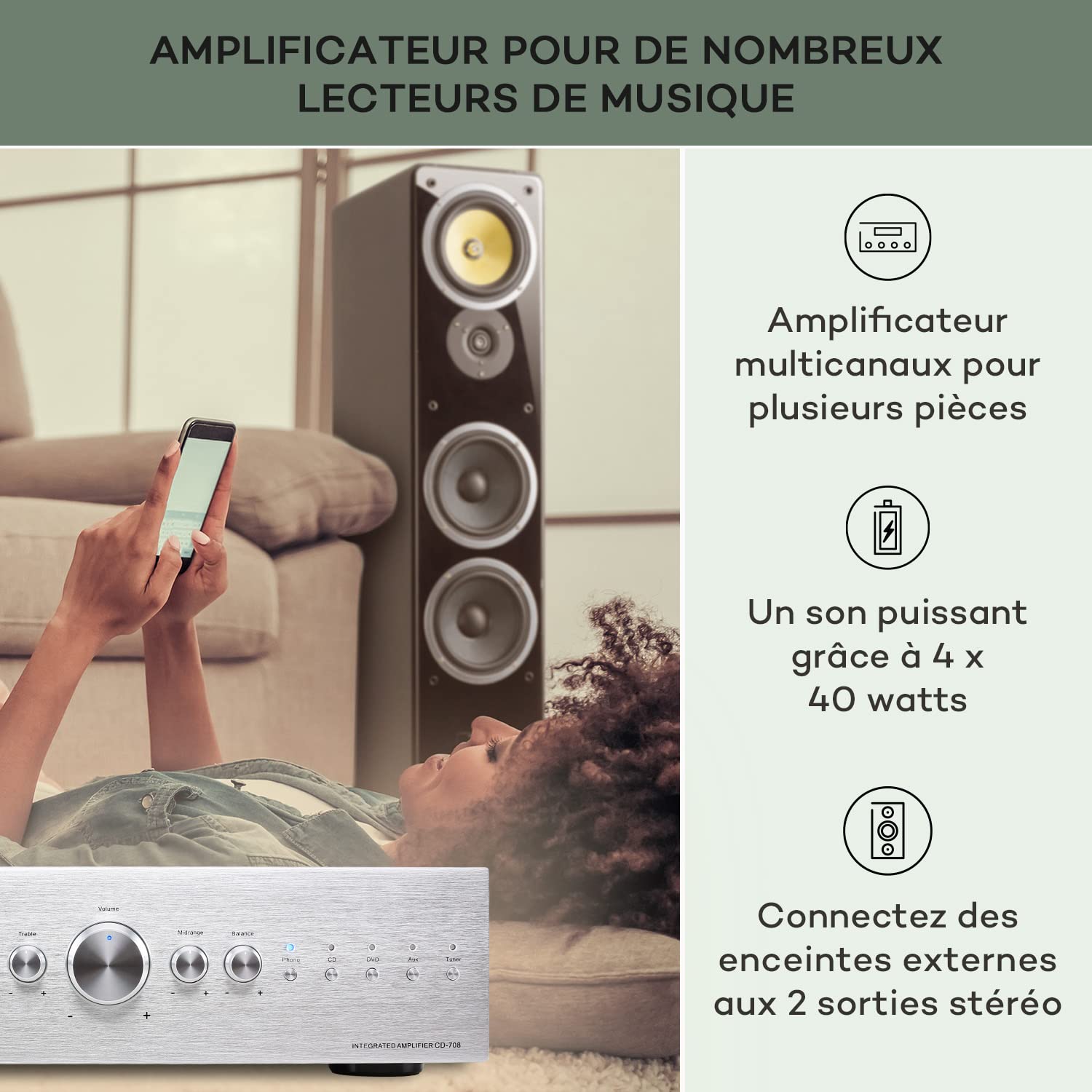 auna AV2-CD708 Amplificateur HiFi Sono stéréo (puissance de 600W max., égalisateur 3 bandes, 5 entrées RCA et une sortie RCA audio, télécommande, inox brossé) - argent