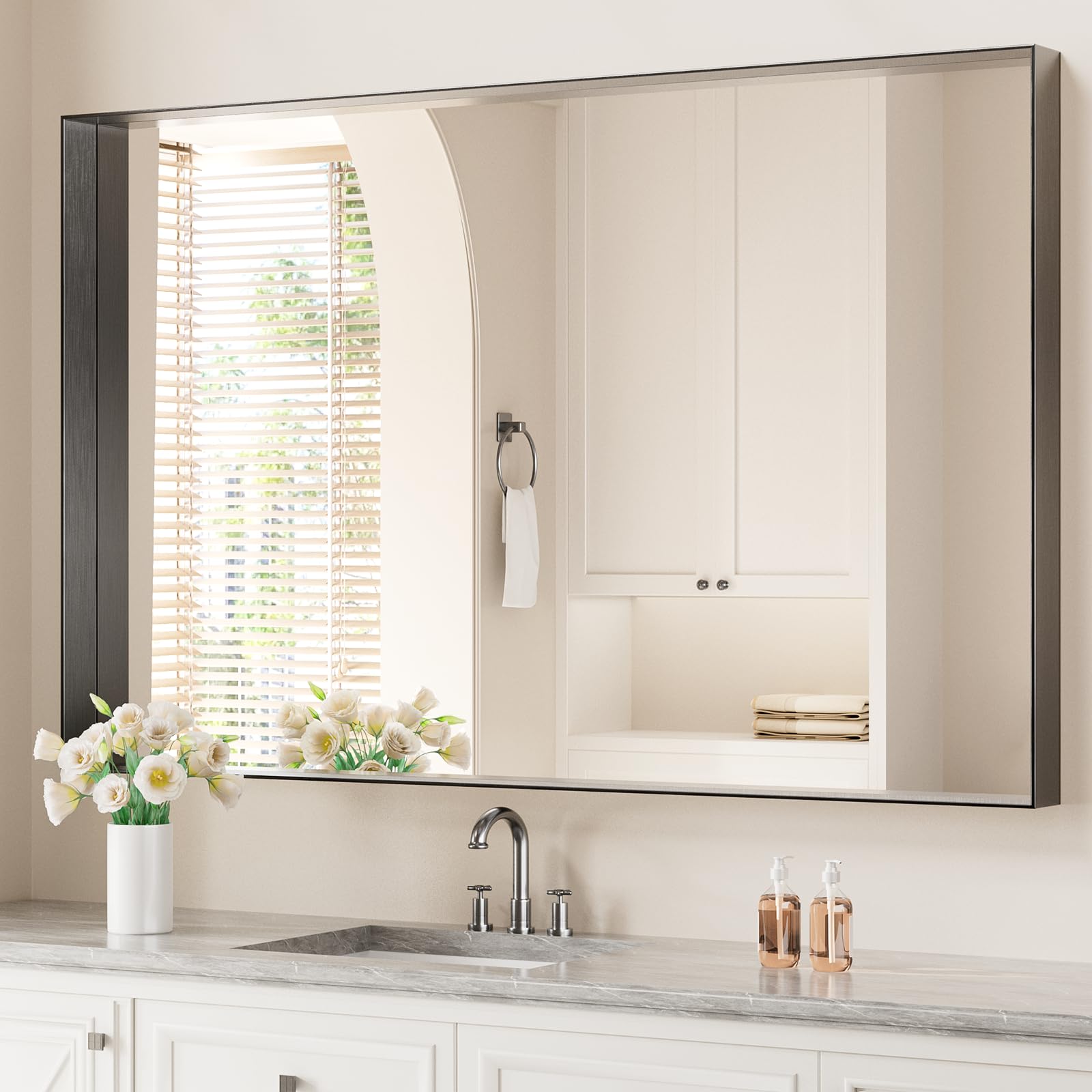 koonmi 30x48 inch black metal framed bathroom mirror for wall, rectangle vanity mirror with anti-rust, shatterproof tempered glass, horizontal/vertical hanging for farmhouse, bedroom, entryway