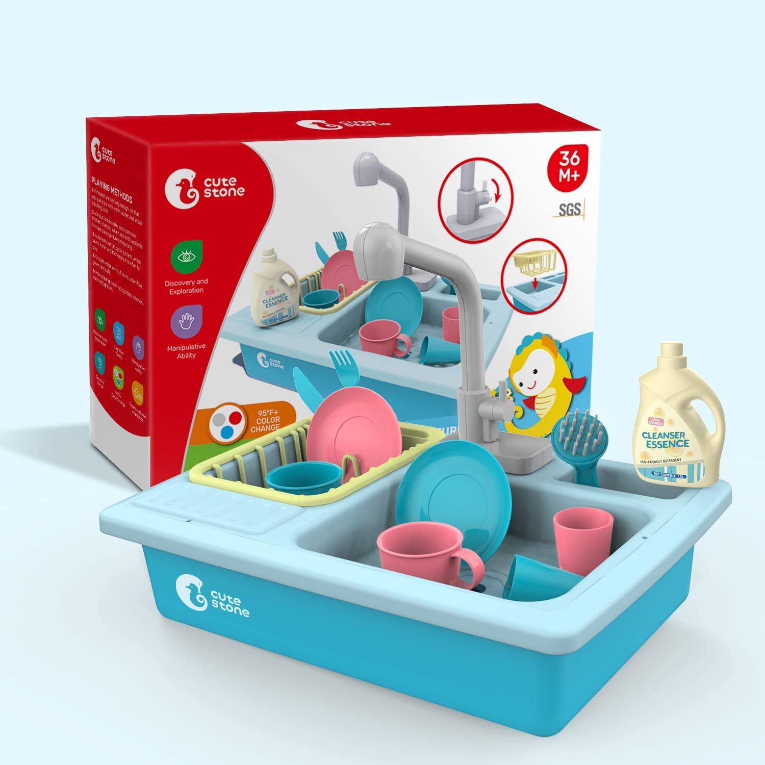 cute stone- Giocattolo - Set lavello da cucina con rubinetto dell'acqua calda che cambia colore, detersivo per i piatti, riciclo dell'acqua - per bambini dai 3 anni in su - Blu