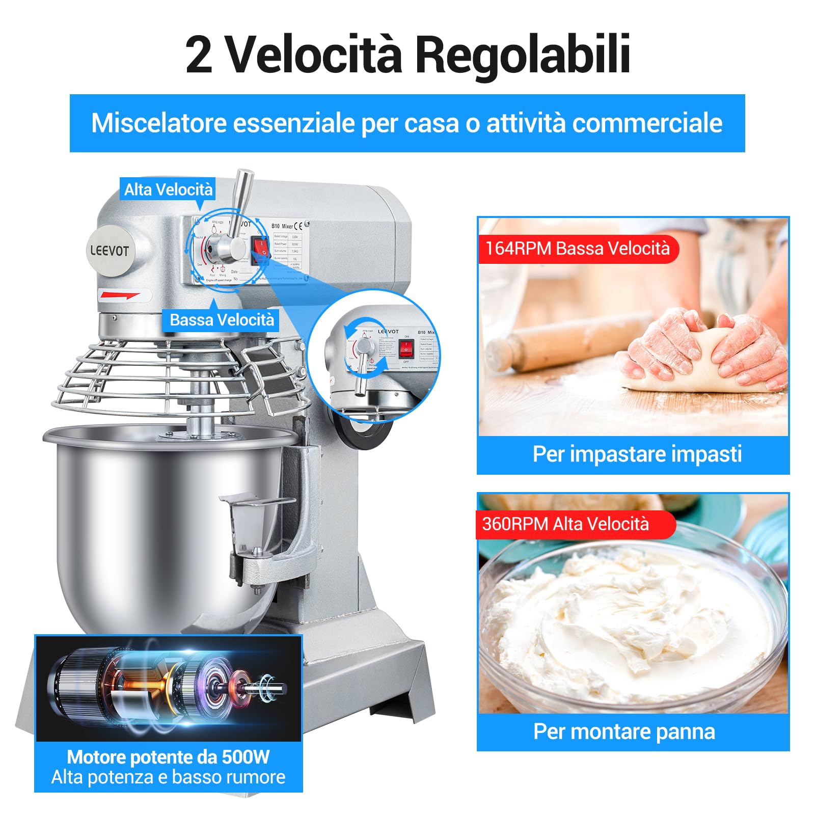 LEEVOT Impastatrice planetaria commerciale da 10L, impastatrice commerciale regolabile a 2 velocità da 500 W, impastatrice elettrica verticale per impieghi gravosi con vasca in acciaio inox per cucin