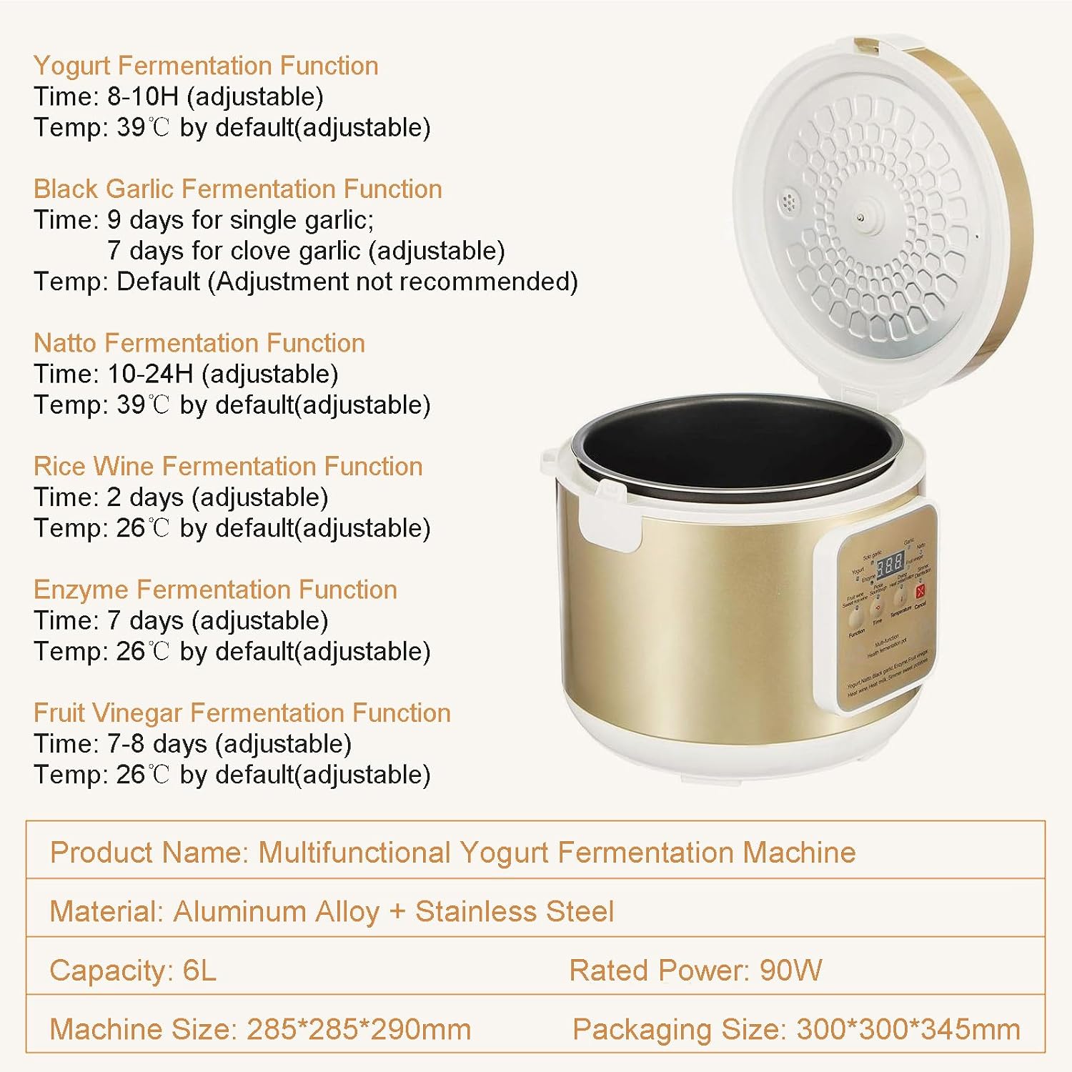 6L Multi-Function Yogurt Machine, Automatic Intelligent Fermenter with Detachable Aluminum Inner, Adjustable Time & Temp, Household Natto/Rice Wine/Black Garlic Fermenter