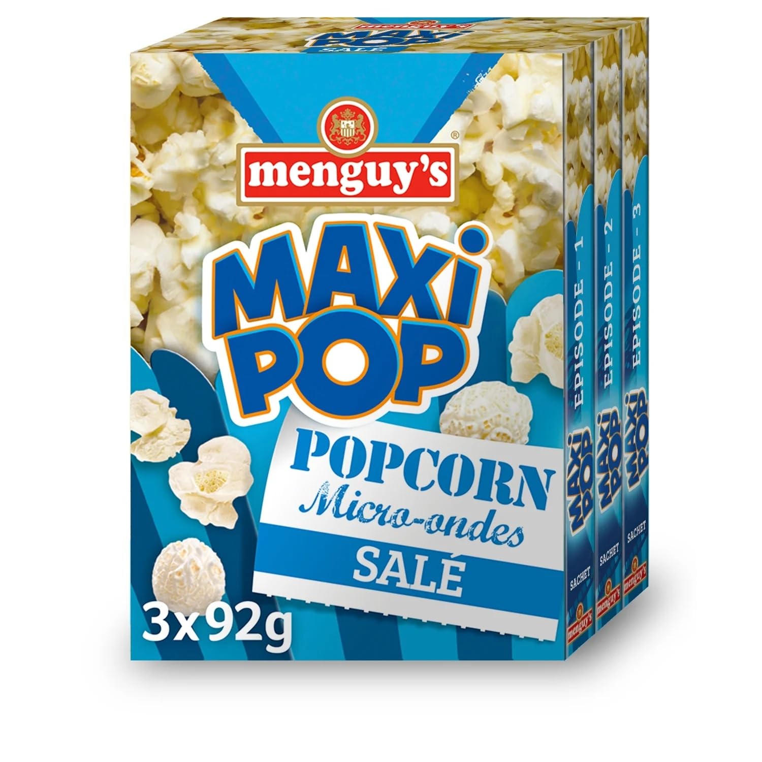 MENGUY'S - Pop-Corn Salé Micro-Ondes - Maxi Pop · Prêt en 2 à 3 Minutes · Le Pop Corn Maison Facile · Accompagnement Soirée TV et Match entre Amis - les 3 sachets de 92 g - 276g - Le Lot De 4