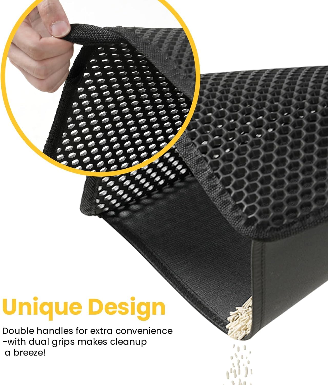 Conlun Tappetino per Lettiera con Manici, XXL 76x55 cm Assorbe Pipì & Blocca Granuli - Doppio Strato a Nido d'Ape, Antiscivolo, Pulizia Rapida (Nero)