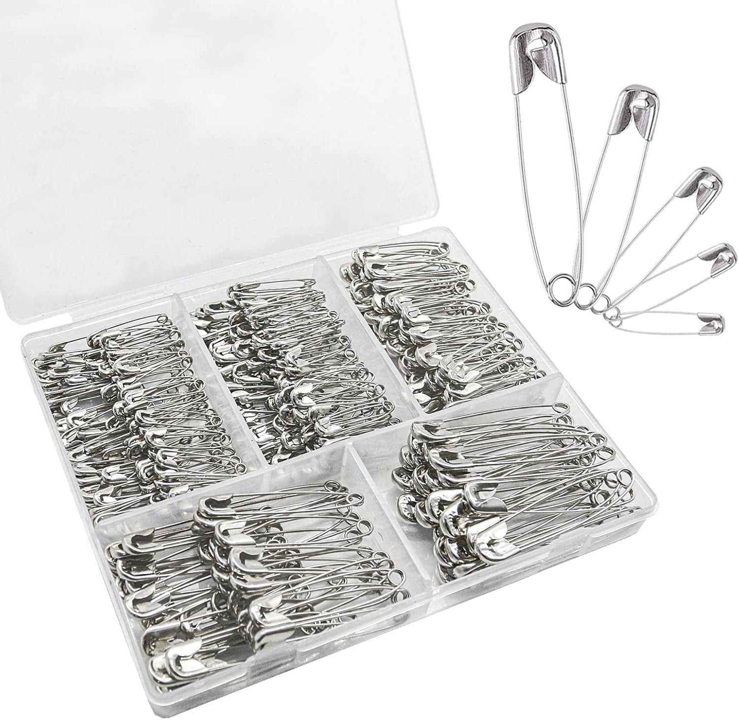 WISYOK 420 Pack Safety Pins Assorted, 5 Size, Strong Nickel Plated Steel, Large