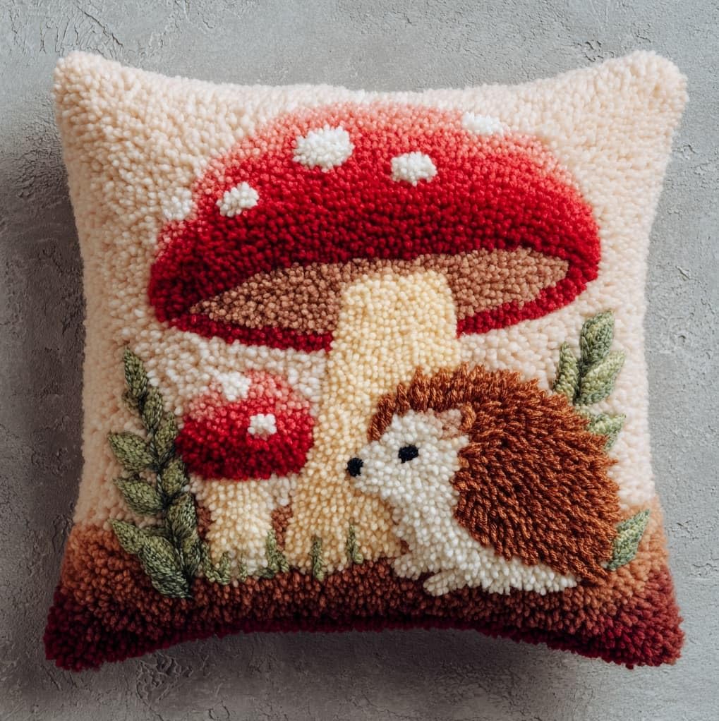 Wallustrioaw Latch Hook Kit,Hedgehog And Mushroom,Latch Hook Kits Pillow For Adults Embroidery Pattern Printed Canvas Creativity Crochet Gift,17X17in
