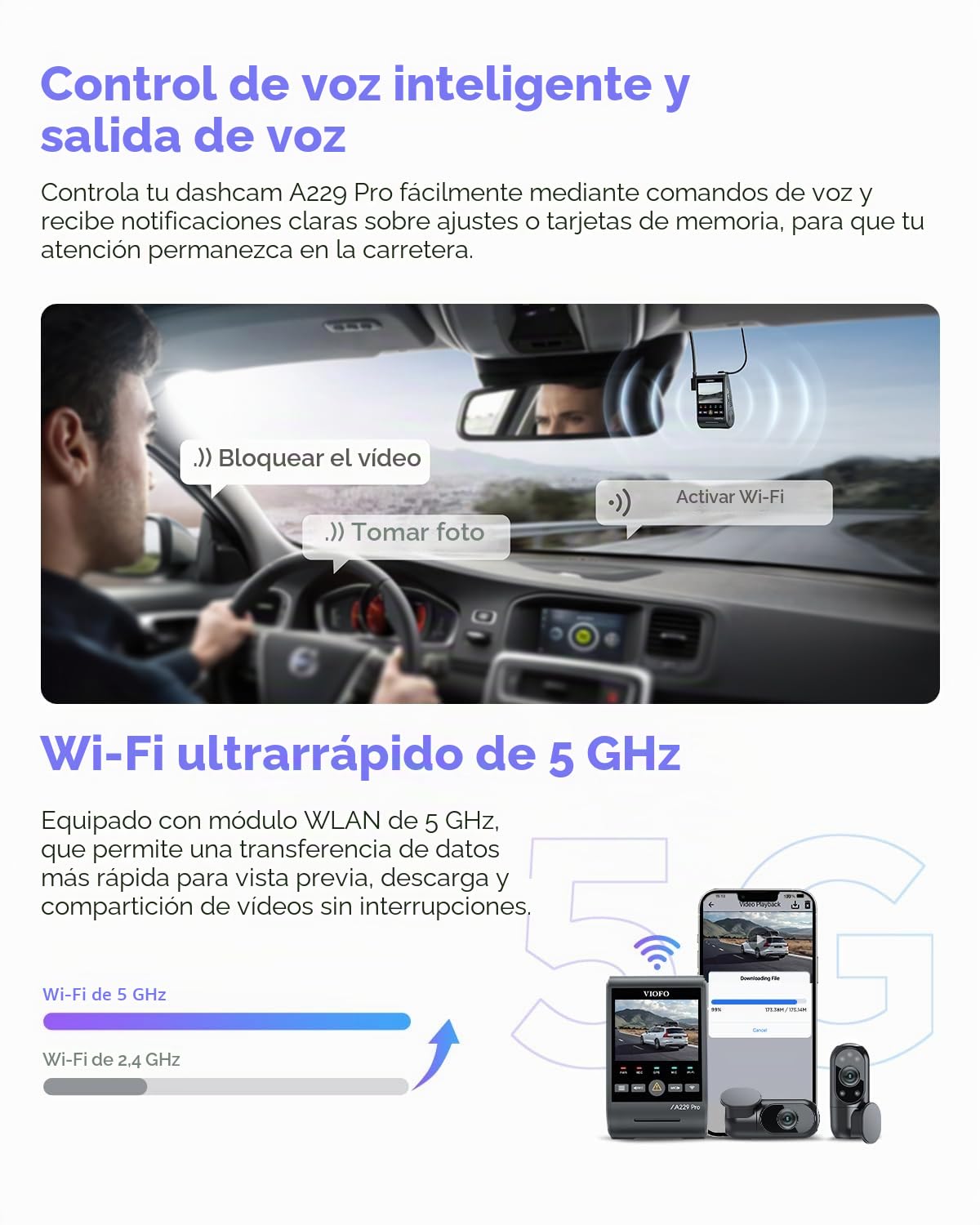 VIOFO A229 Pro 3 Lens 4K + 2K + 1080P, Dual STARVIS 2, HDR delantero trasero interior Dashcam coche, control de voz y cámara de coche Wi-Fi de 5 GHz, GPS ultrapreciso, visión nocturna 2.0, salida de
