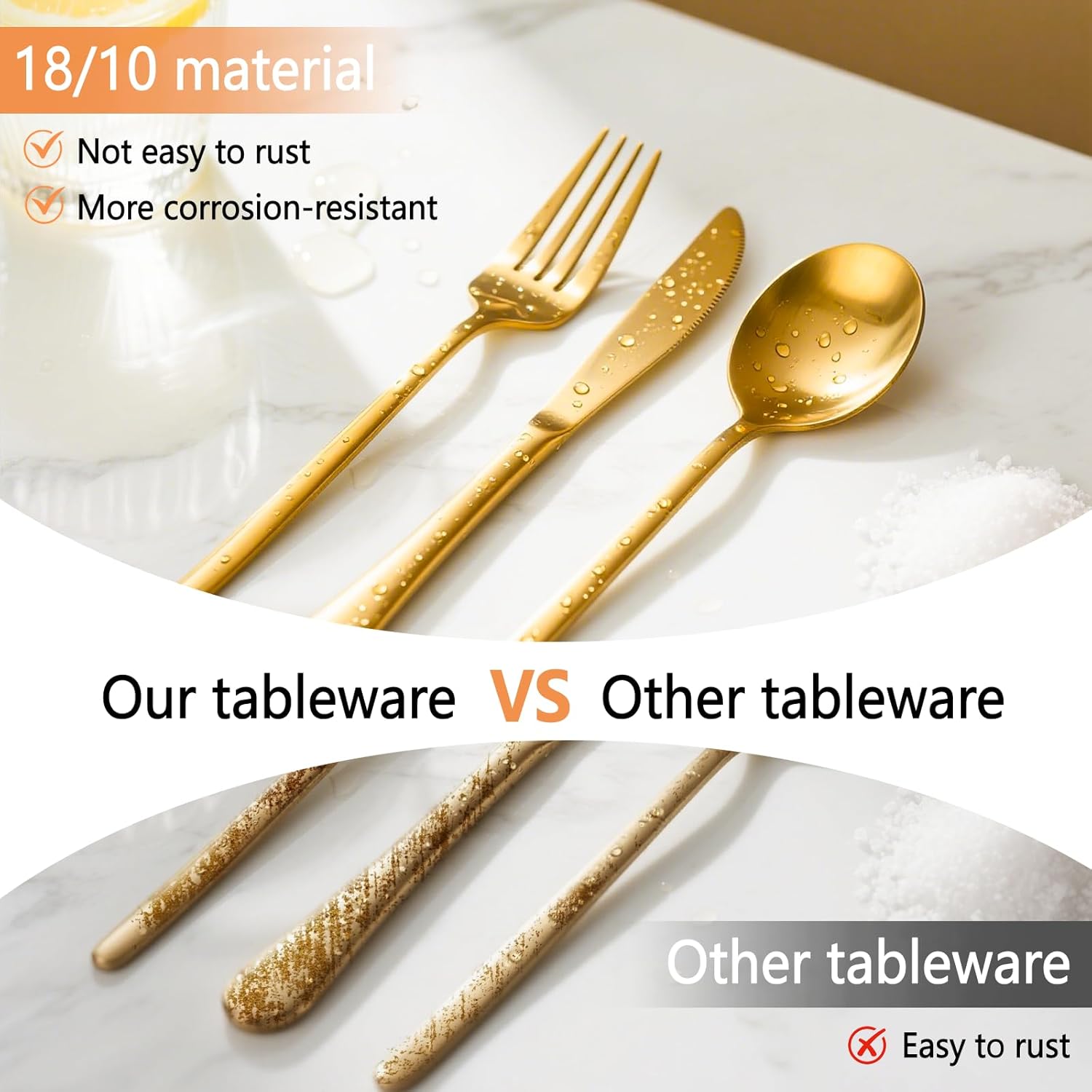 48-Pack Gold Silverware Set with Steak Knives, Stainless Steel Tableware Cutlery Spoons Forks Kit, For Buffet Kitchen Restaurant Hotel, Kitchen Flatware Utensils Set, Mirror Polished