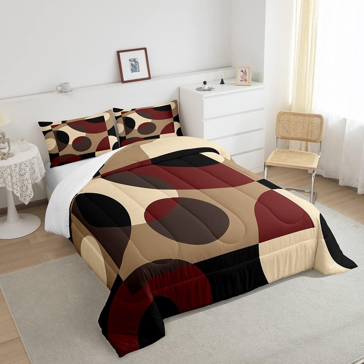Red Geometric Quilt Circle Comforter Set,Abstract Swirls Lines Stripes Bedding Set Retro Geometric Duvet Insert,Rustic Modern Circle Psychedelic Urban Art Room Decor,Brown Black Down Comforter