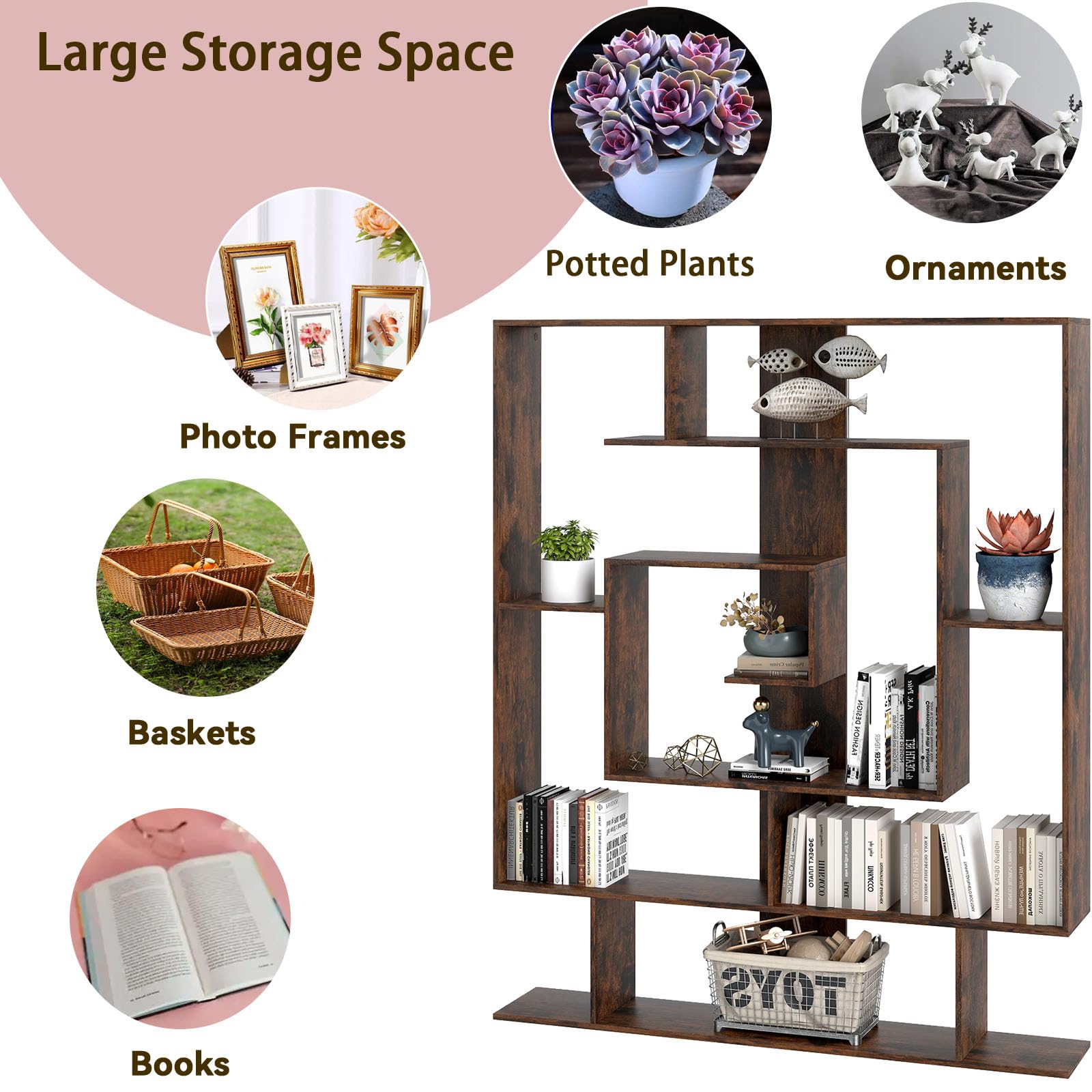 HOMASIS Libreria da Parete Geometrica con 7 Scomparti, Scaffale in Legno con Protezione Anti-Ribaltamento, Espositore Moderno, Libreria Divisoria Ambiente per Soggiorno, 125 x 22 x 150 cm (Marrone)