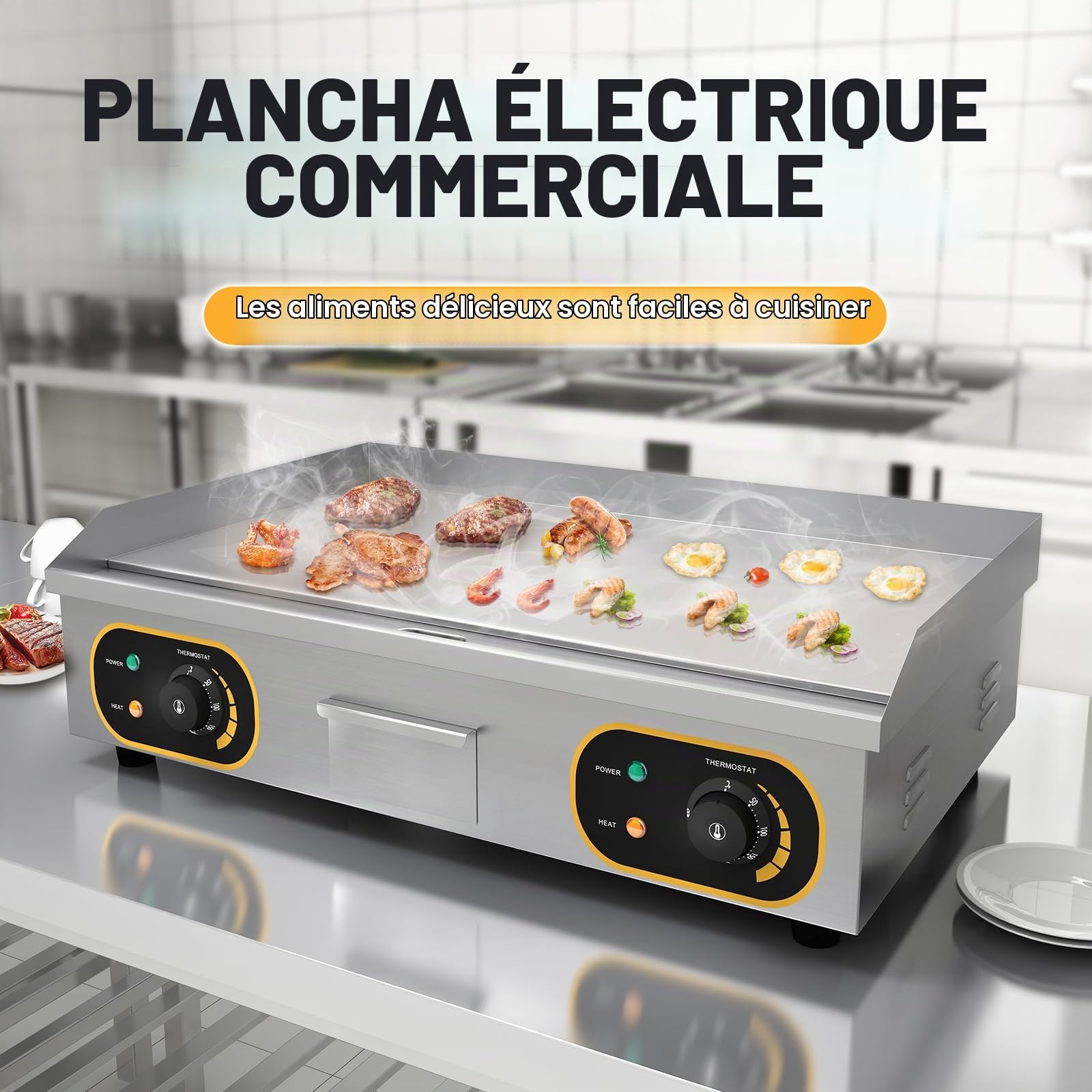 Plancha Électrique Professionnelle Inox 4400W De Gril En Le Fer 73 * 43cm, Thermostat 50 À 300°C, 2xThermostat, 2 Prises (Entièrement Lisse)