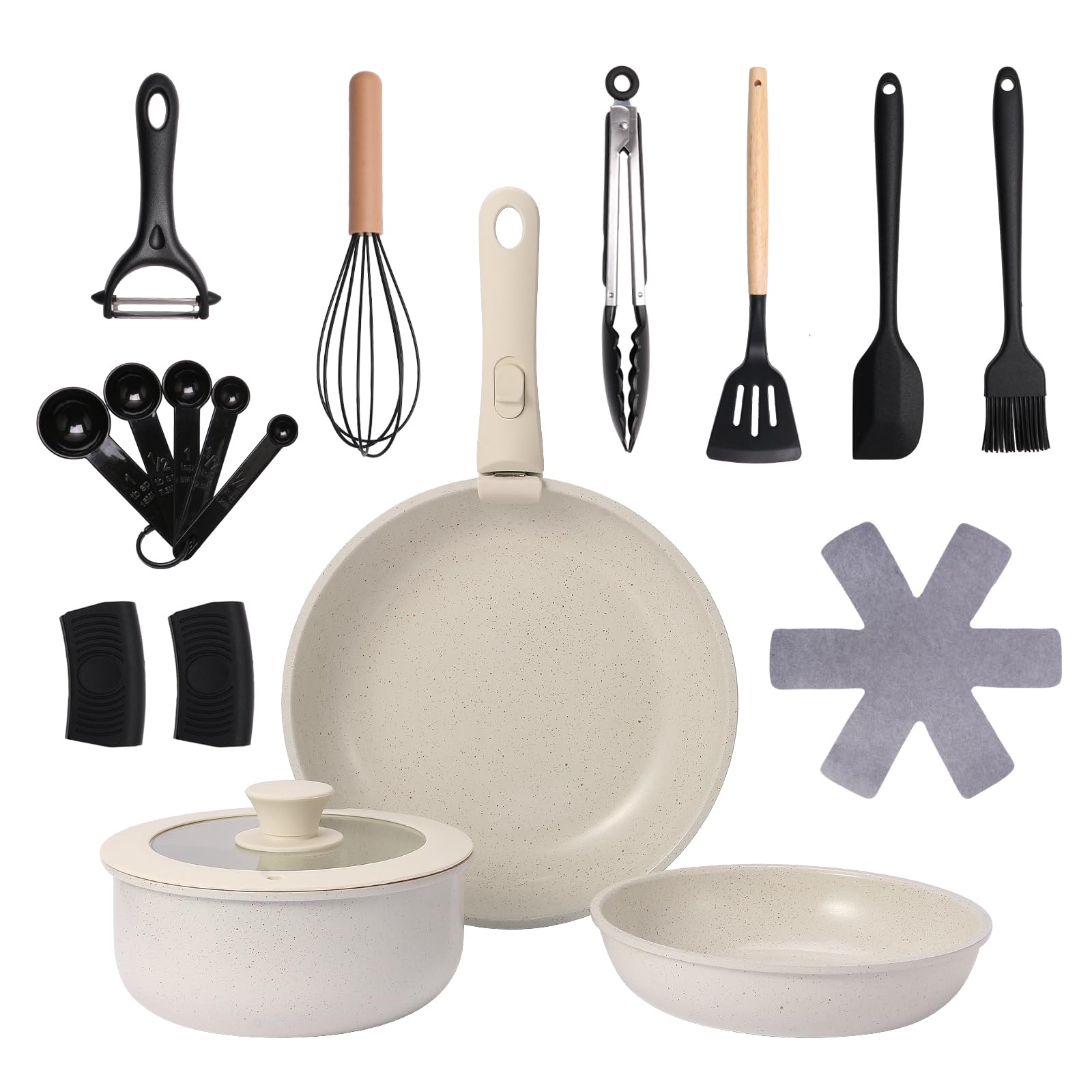 Lot de 19 poêles en céramique avec poignée amovible - Lot de 19 ustensiles de cuisine non toxiques pour la maison - Sans PTFE/PFOA/PFAS et passe au lave-vaisselle - Pour camping, camping-car, voyage