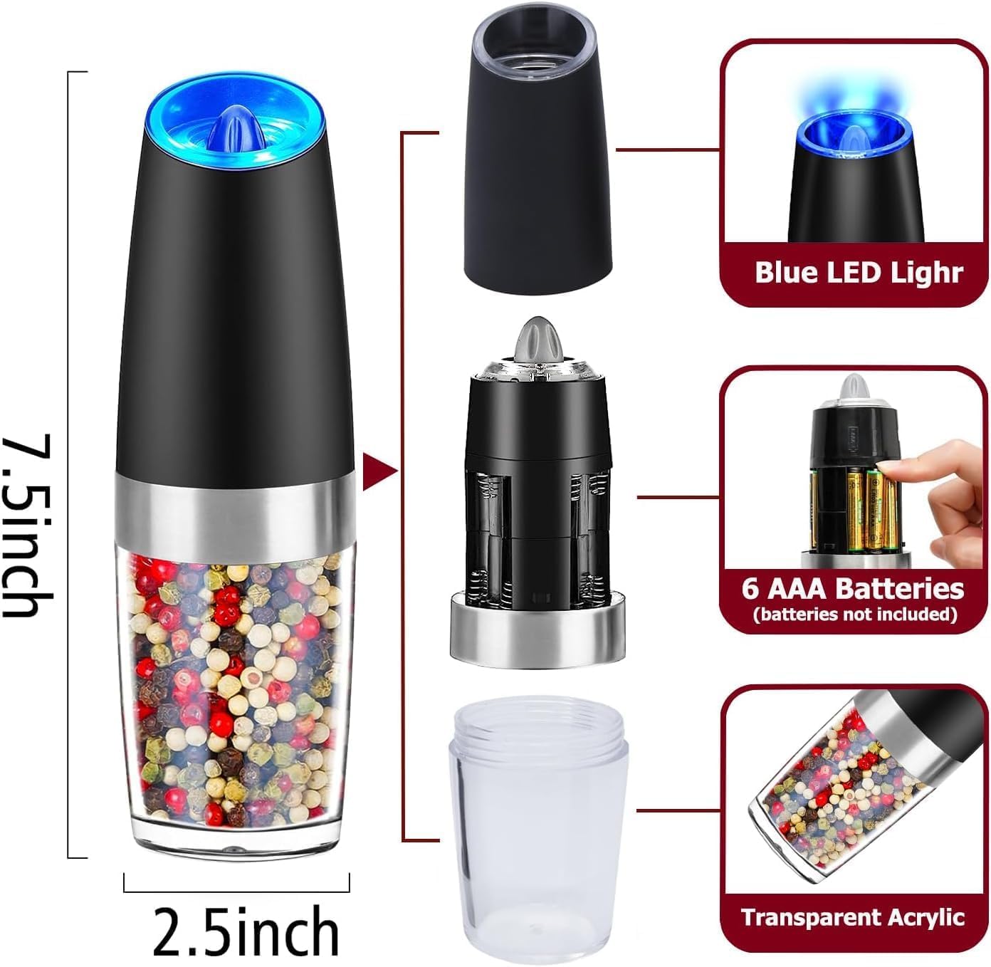 TGL Supplies Housewarming Gift Electric Pepper Grinder Mill - Battery Operated Light Salt and Pepper Grinder, One Hand Automatic Adjustable Coarseness Electric Salt and Pepper Shakers