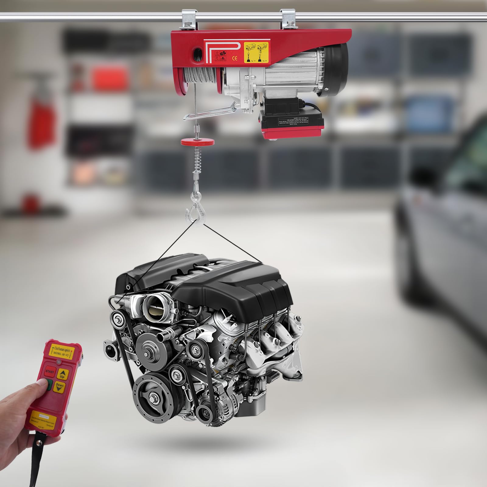 Elektrische Seilwinde 300kg bis 600kg Hubhöhe 12m Seilzug Motorwinde 1200W Kupfermotor Flaschenzug 10m/min Hebezug mit Kabelloser Fernbedienung Seilhebezug Kettenzug,für Fabriken, Docks, Rot