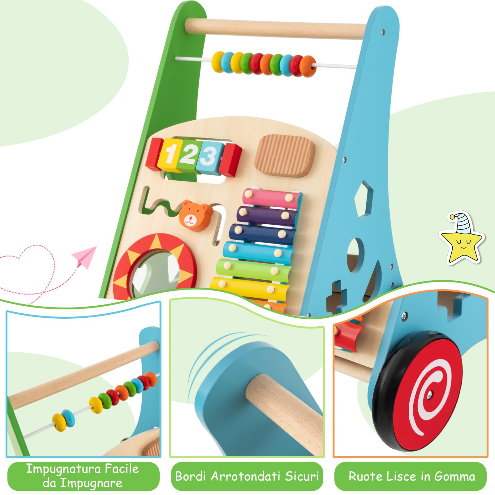 COSTWAY Carrello Primi Passi per Bambini, Girello Neonato in Legno, con Giocattoli Montessori, Centro Attività con Ruote, per Bambini 12+ Mesi (Colorato)