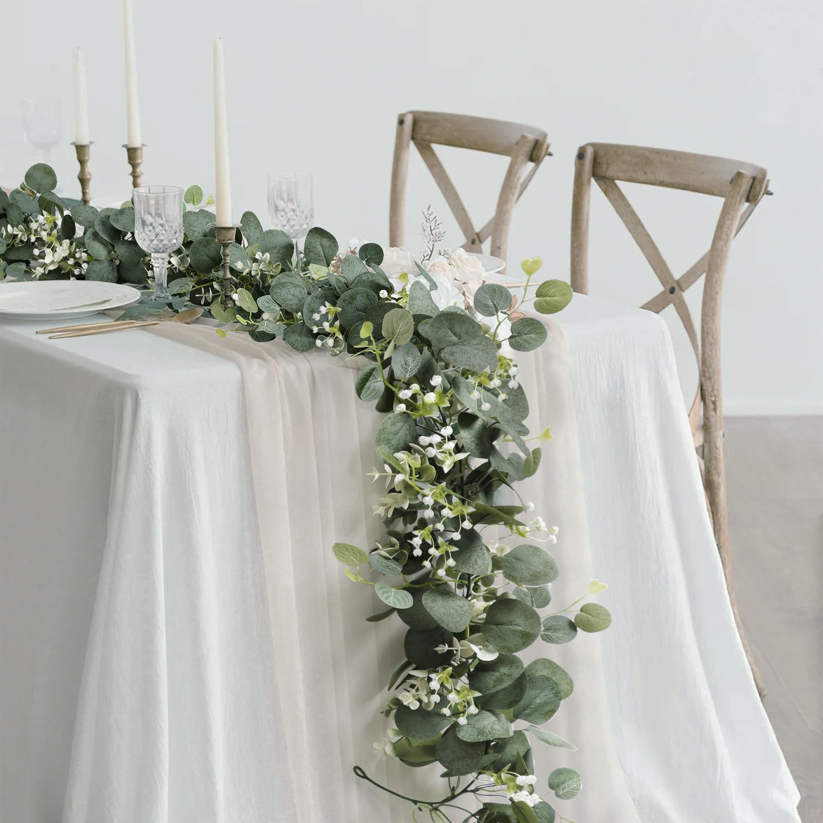 SOMYTING Artificial Eucalyptus Garland with White Flowers 2 Packs 5.9Ft Silver Dollar Leaves Eucalyptus Garland Faux Greenery Vines for Wedding Arch Table Runner Mantle Party Room Decor