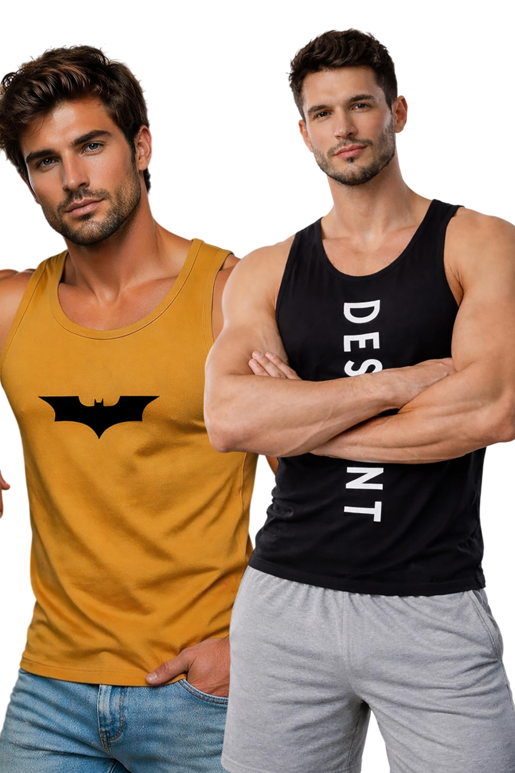 Polyester Letter Printed Vest for Men - Pack of 2 - Black & Mustard | Round Neck | Sleeveless | Regular Fit | Summer & Gym Wear Tank Top for Men-image-42