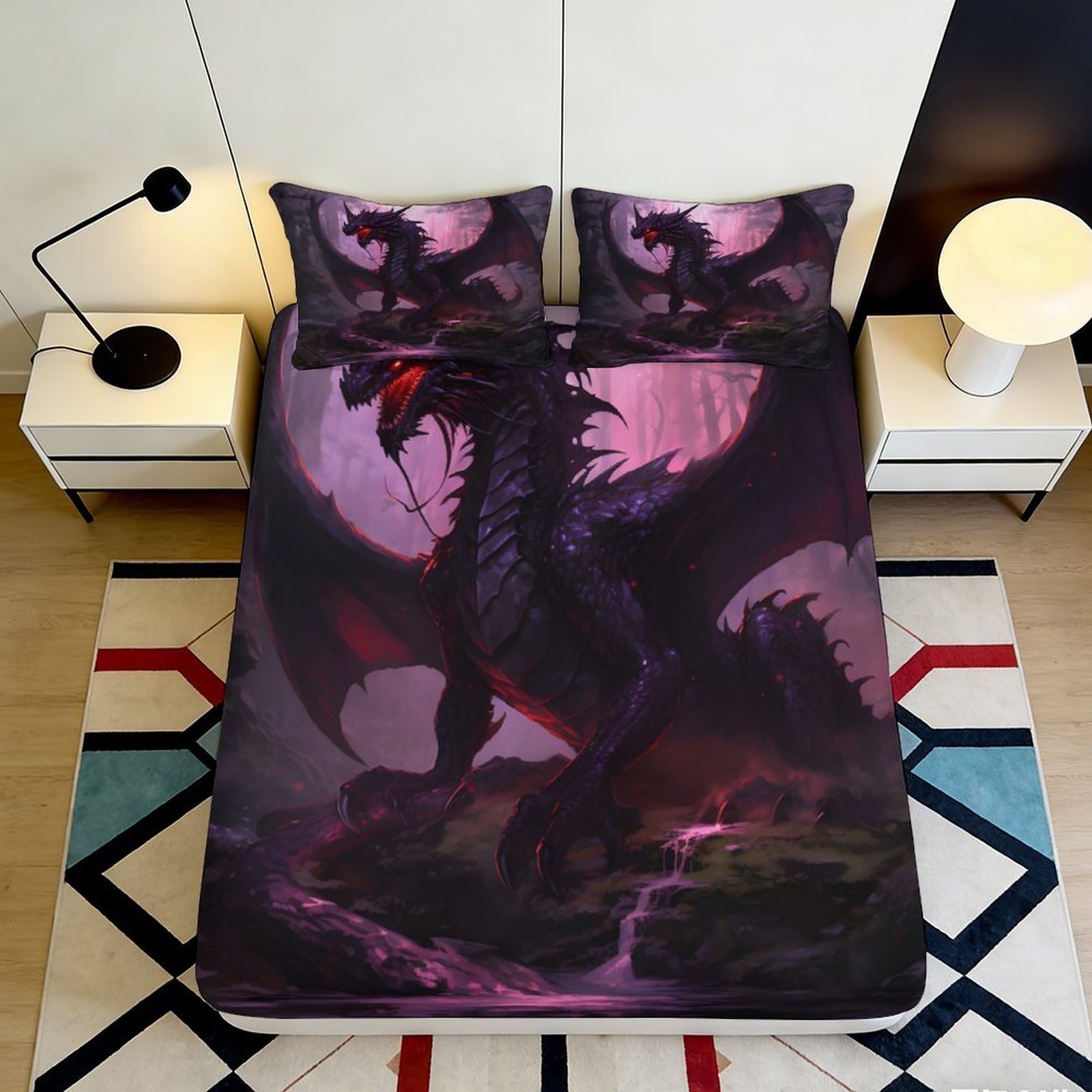 3D Printed Dark Dragon Fitted Sheet Microfiber Soft Breathable Fantasy Landscape Mattress Cover for Bedroom Dormitory Guest Room Protection Decor 180x200x25cm