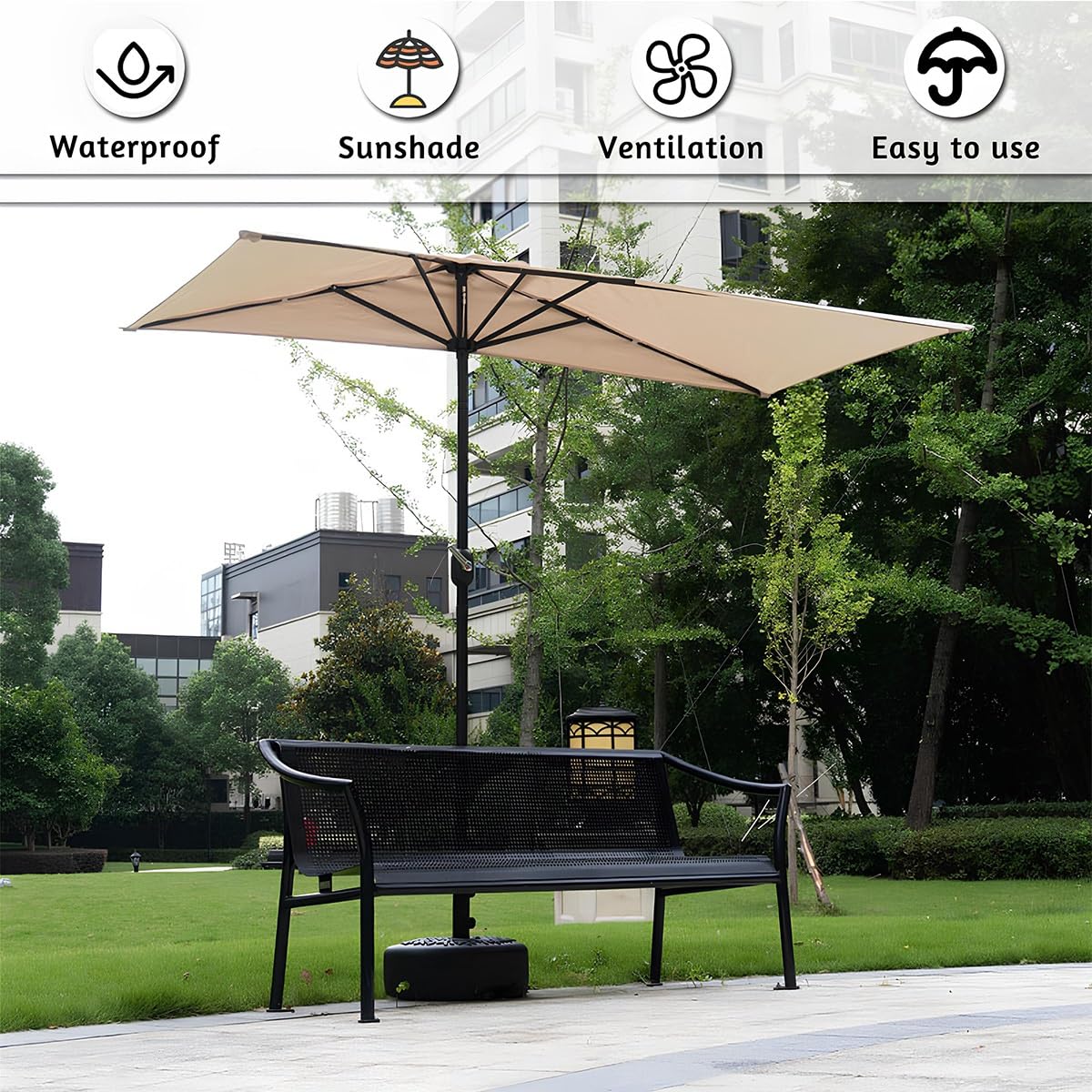 Demi-Parasol De Jardin 2,0m X 1, Parasol Rectangulaire avec Manivelle, Protection UV50+ Imperméable pour Terrasse Balcon Plage, Structure Acier Anti-Rouille – sans Base(Khaki)