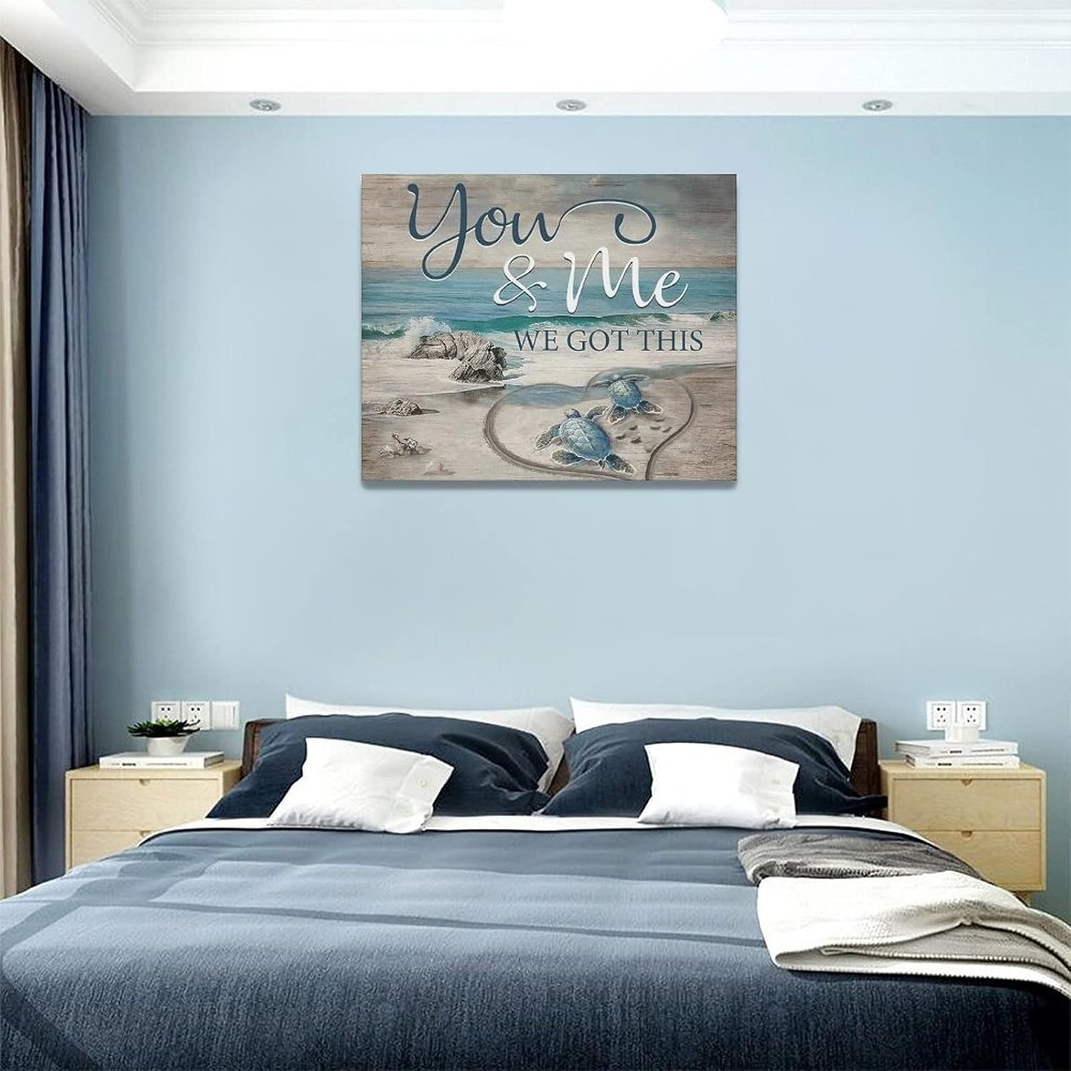 yerretin Beach Sea Turtle Bathroom Wall Art Ocean Turtle Pictures Wall Decor Coastal Nautical Seascape Canvas Painting Love Artwork Home Decoration for Bedroom Office Framed 20"x16"