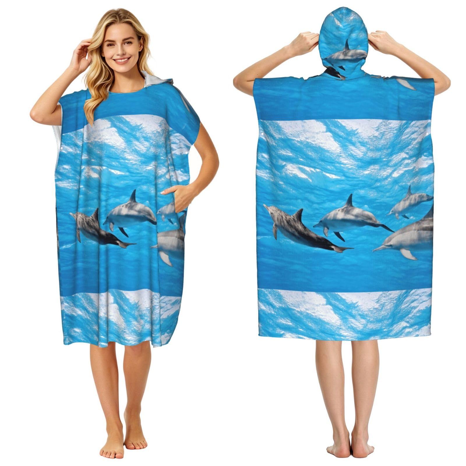 Poadnly Dolphin, Adult Hooded Beach Towel 90 x 110 cm,Changing Bath Robe, Surf Poncho Towel For Women Men
