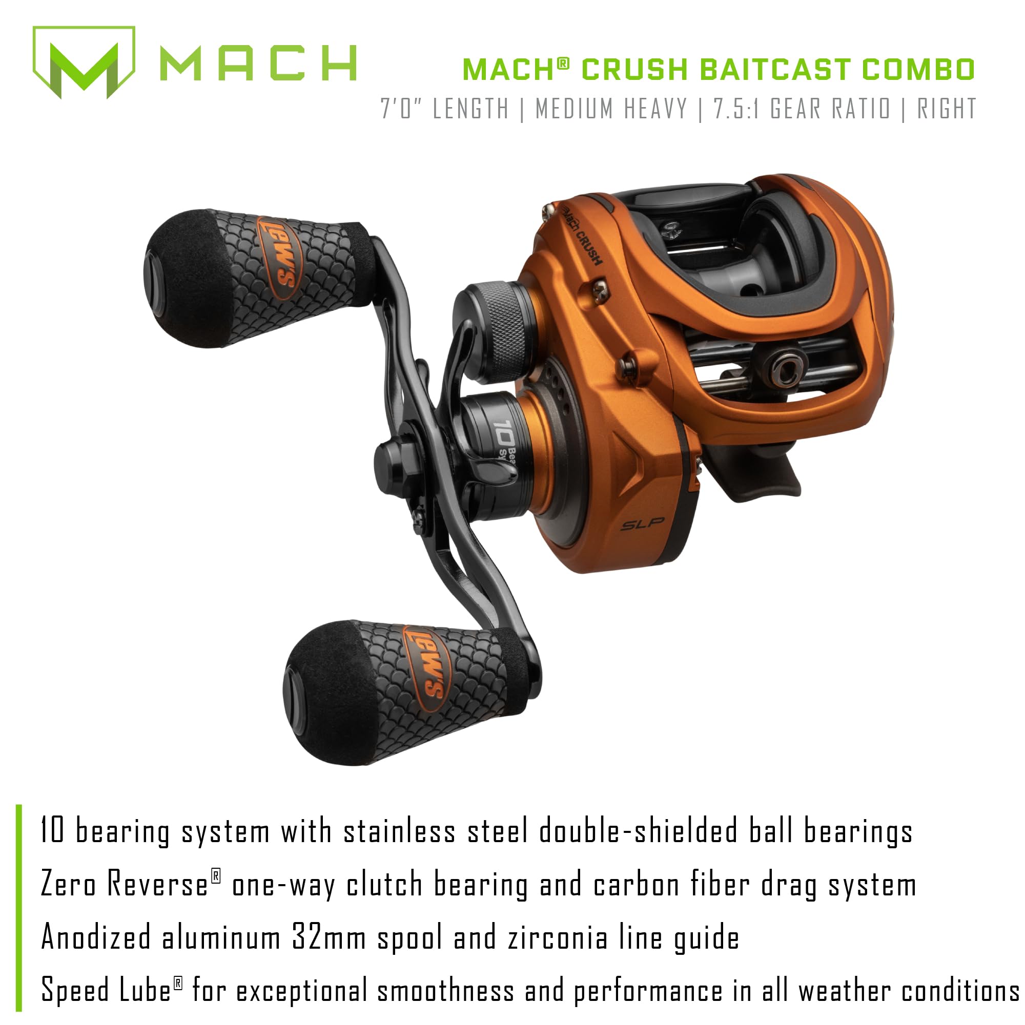 Lew's Mach Crush 7' Med HVY Right Hand Baitcast Combo, Orange, one Size (MCR1SHA70MH)