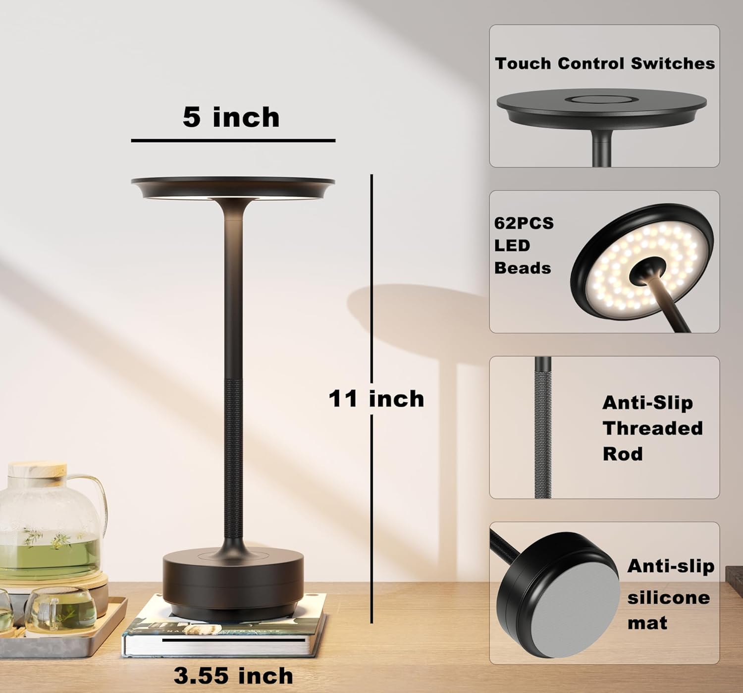 Cordless Table Lamp, LED Rechargeable Table Light with 3 Temp Settings, Stepless Dimming, 5000mAh Battery, USB-C, Memory, Aluminum Alloy, for Home, Patio, Restaurant, Outdoor. Black