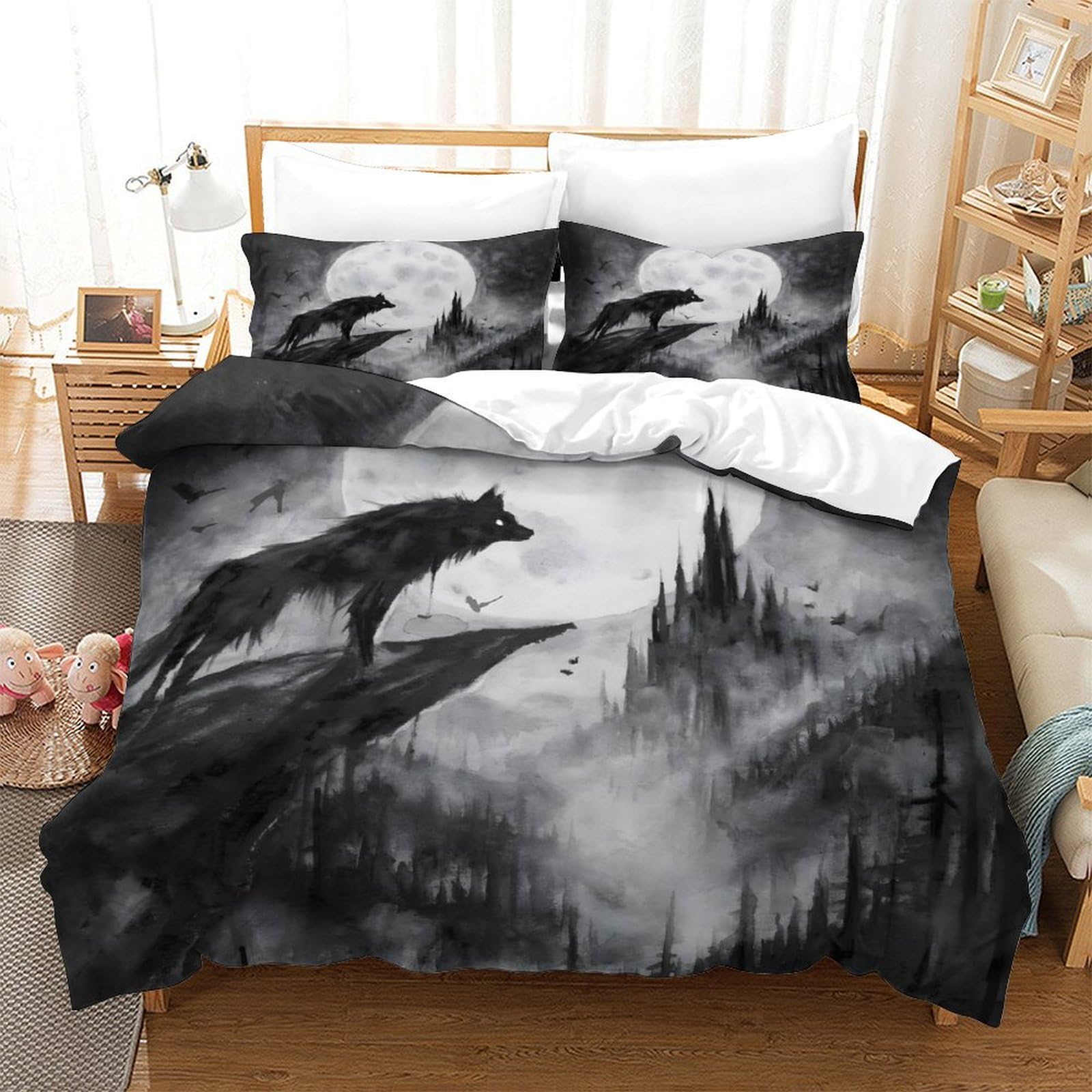 Housse de couette 200x200 loup avec fermeture éclair double pour lit enfant sans glissement