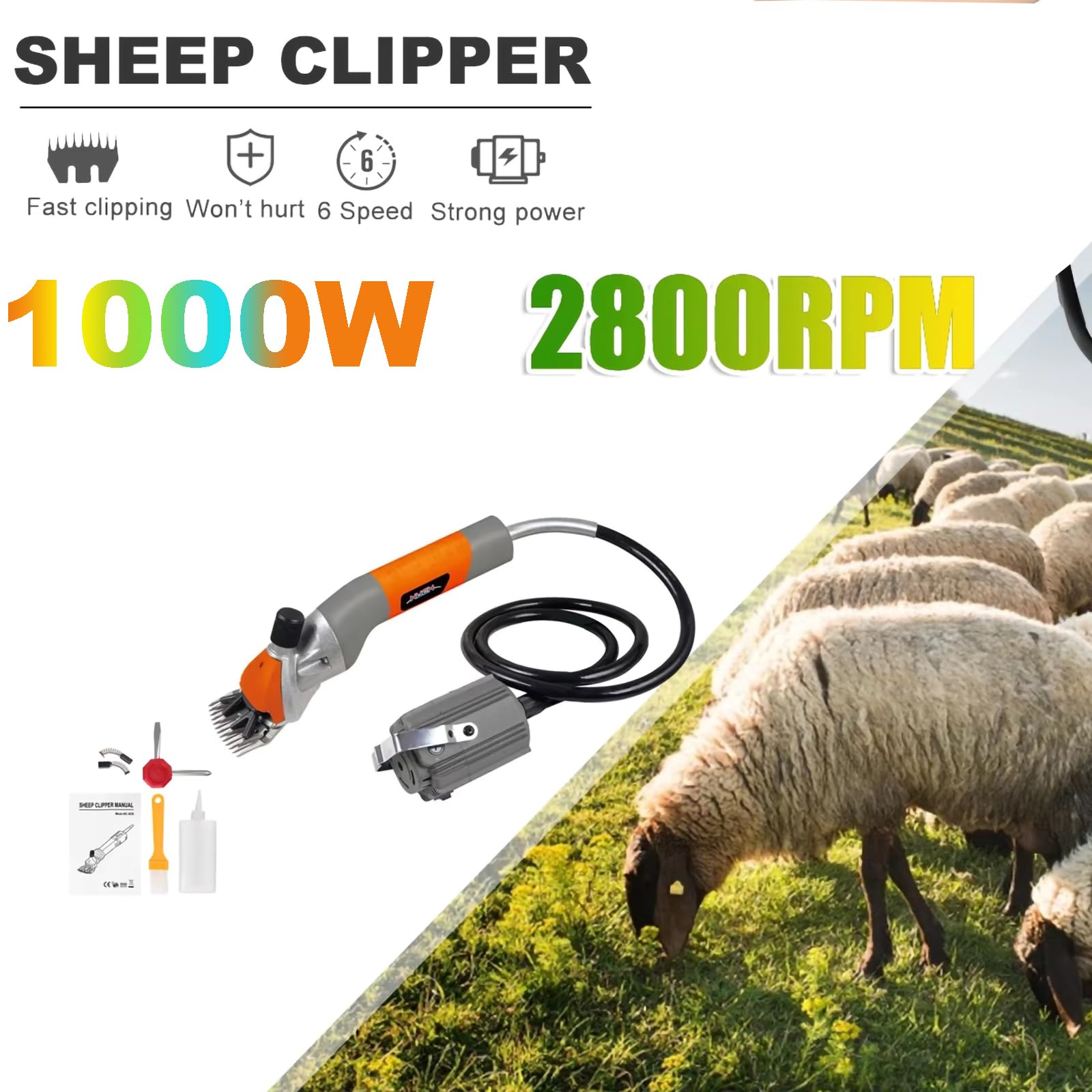 Forbici elettriche sospese per lana da 1000 W, forbici elettriche per pecore resistenti, lama in acciaio ad alto tenore di carbonio a 13 denti, 2800 giri/min, chiave, spazzole di ricambio,Red