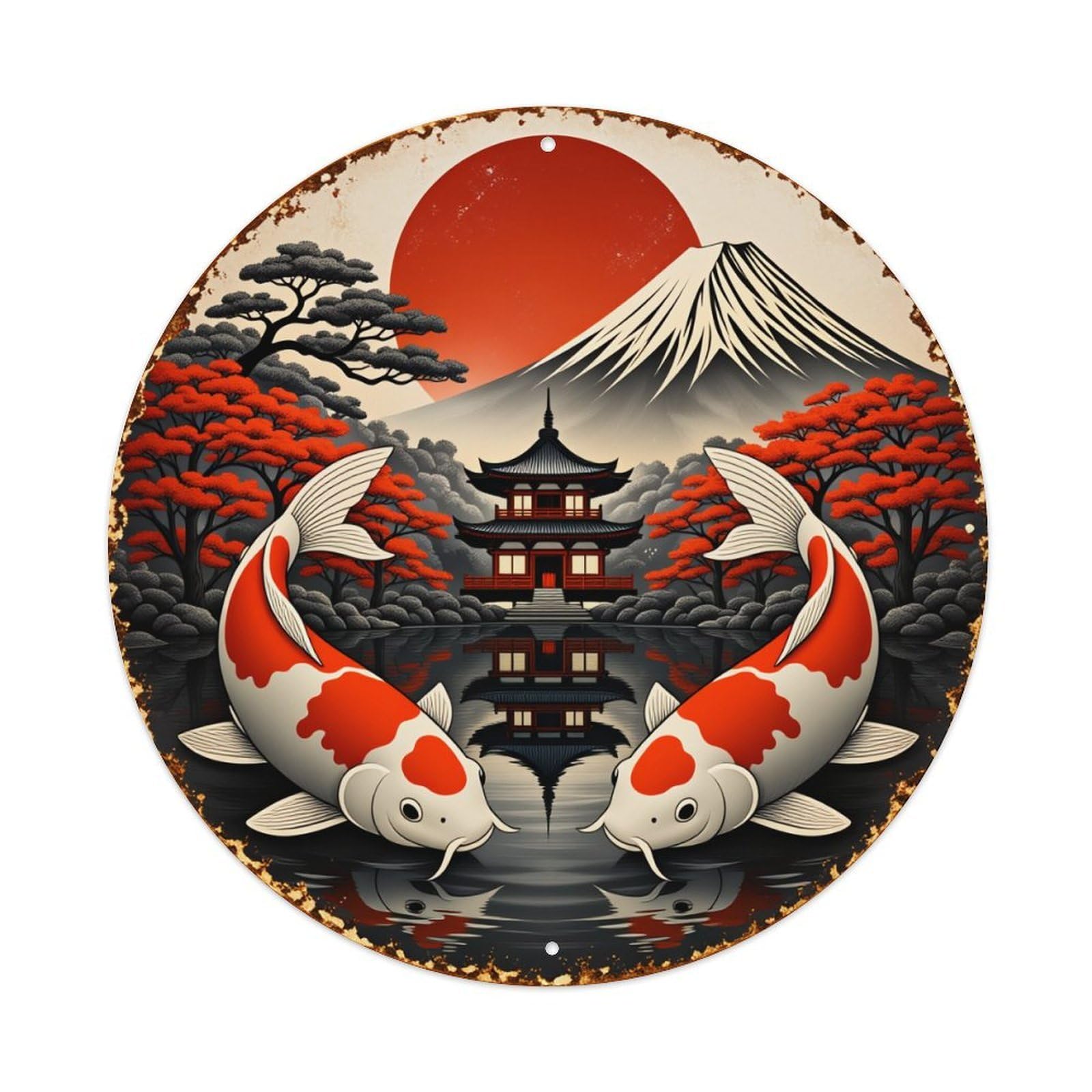 Koi Fish Mount Fuji Temple Sunset Metal Tin Sign Vintage Garden Bedroom Cafe Bar Man Cave Home Wall Decor Metal Poster 8x8 inches