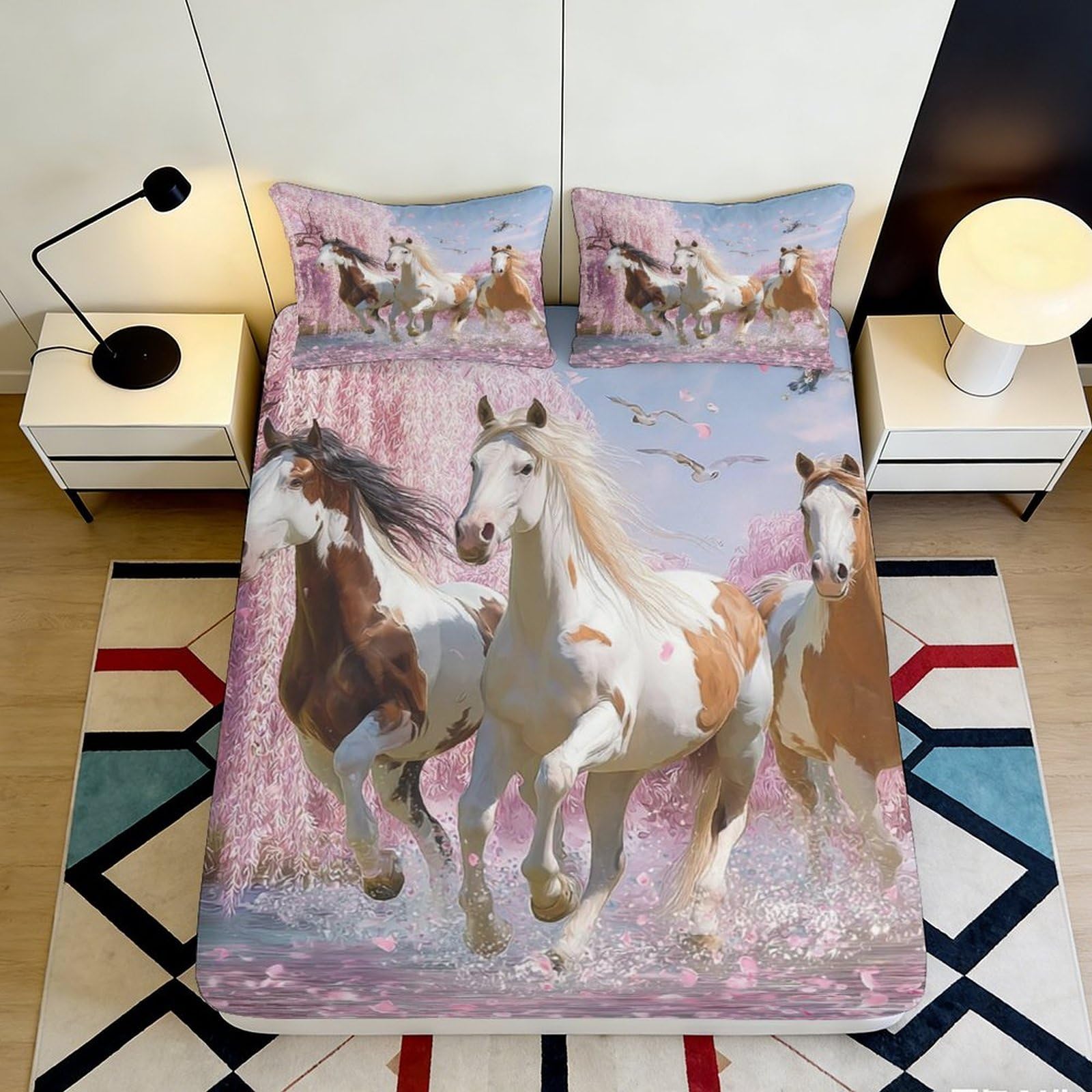 Pnayamiorkfel Style-1 3D Printed Running Horses Fitted Sheet Microfiber Soft Breathable Wild Meadow Bed Cover For Bedroom Guest Room Decor 90X200x25cm