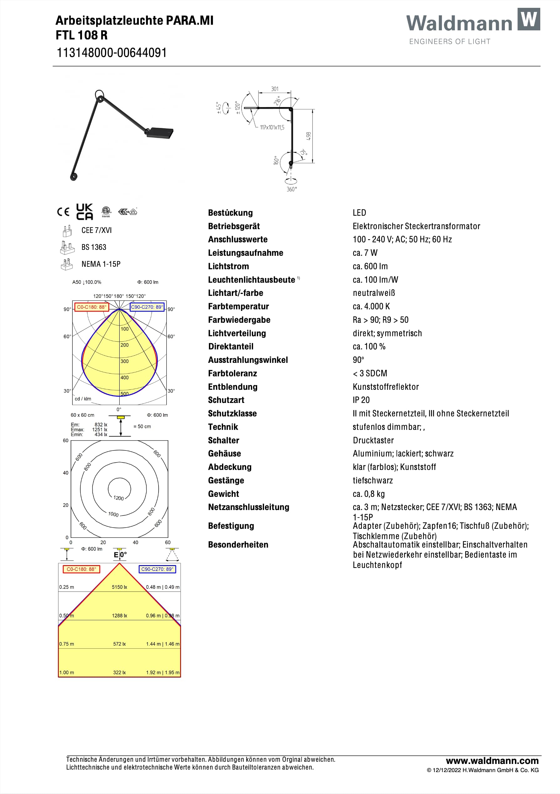 Waldmann Schreibtischlampe | PARA.MI | LED Tischlampe für Home-Office, Büro & Schreibtisch | German Design Award | 4000 K (Schwarz)