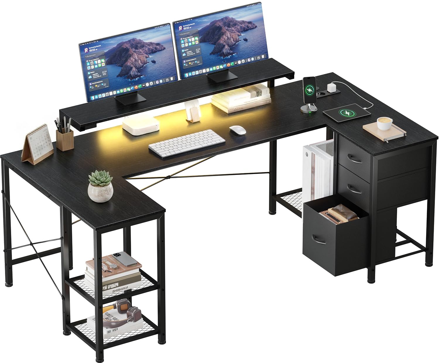 Devoko Scrivania Angolare 170x95 cm, Tavolo A L Da Gioco con 3 Cassetti, Illuminazione LED, Supporto Monitor, 2 Prese + 2 USB, Adatta per Ufficio/Studio, Ideale per Camere, Nera | Illuminazione RGB, Doppio Supporto Monitor, 3 Cassetti, Mensola Laterale, P